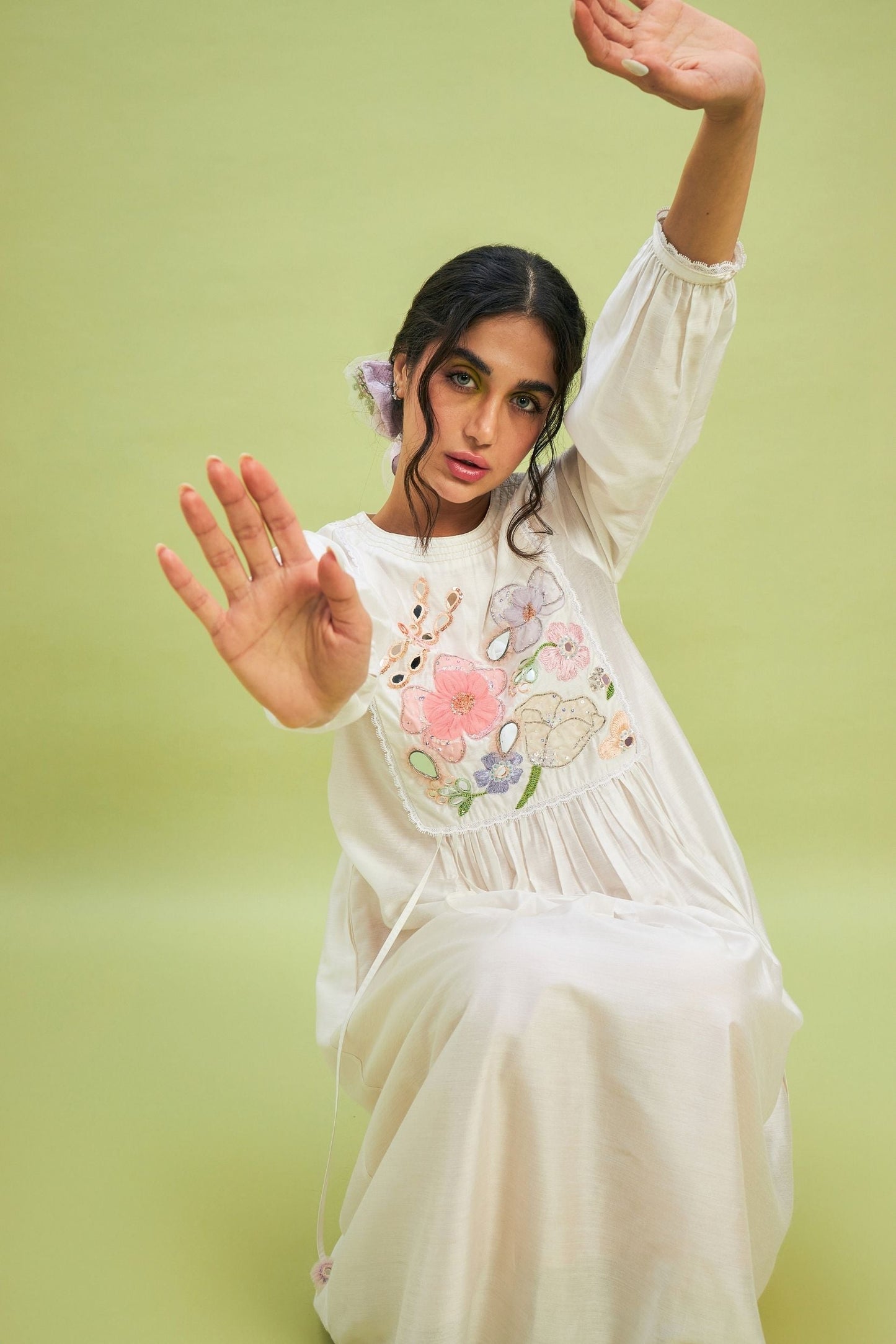 Mirror Yoke white embellished Ladies Dress + Trouser