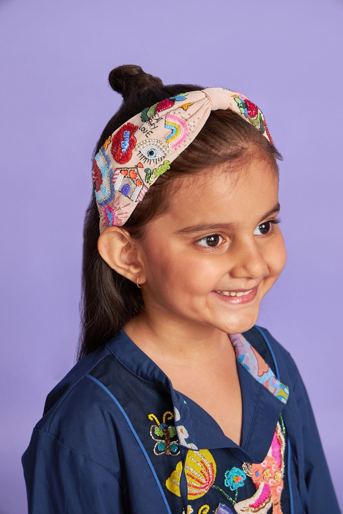 Mad Maze Hand Embroidered Kids Blue Cotton Long Dress