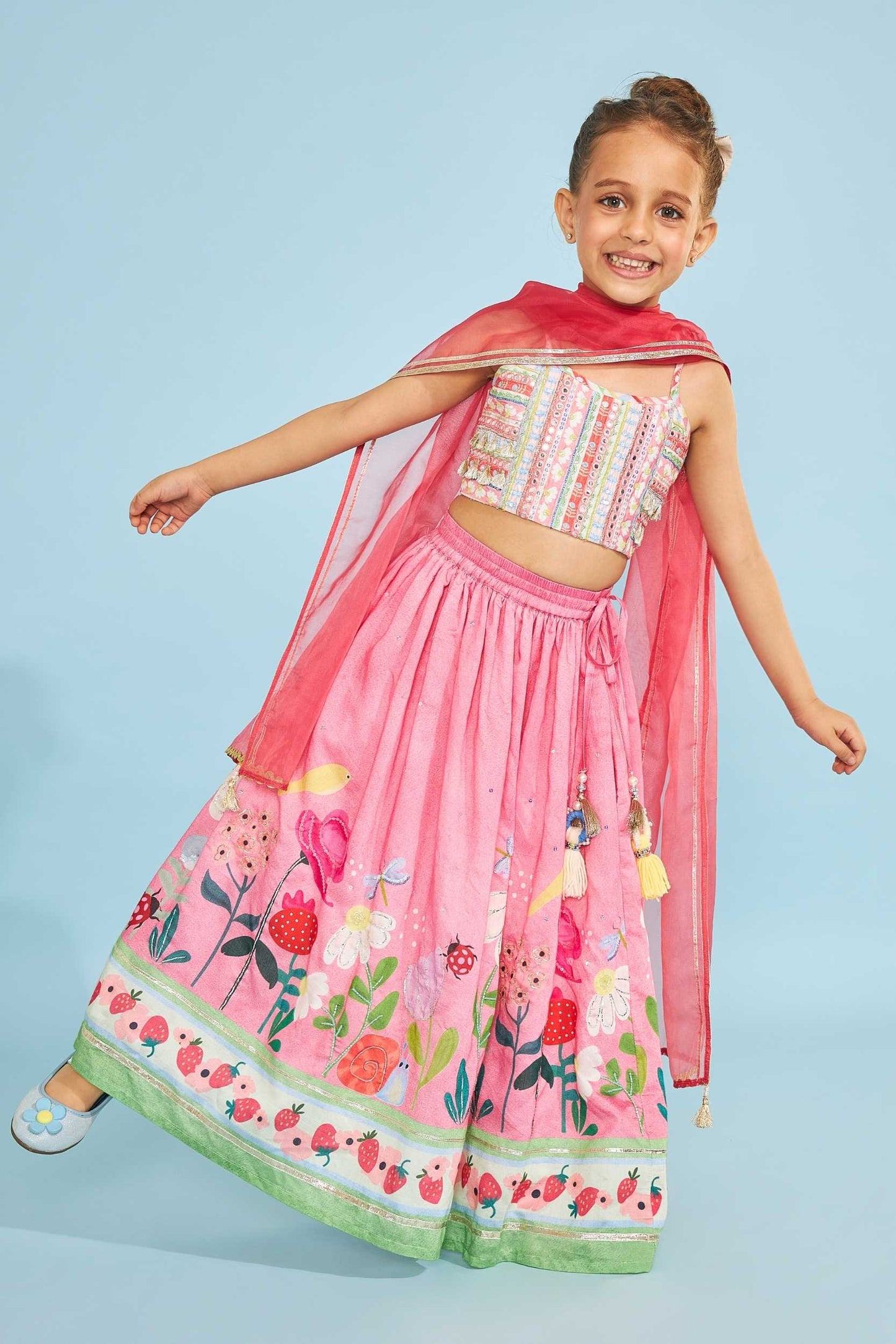 Candy Stripe Girls Embellished Crop Top With Strawberry Embellished Skirt (3 Pc Set)