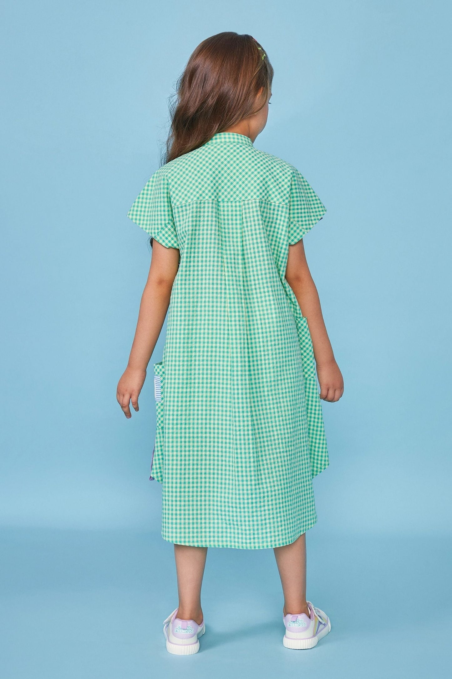 Green Gingham Embroidered Kids Shirt Dress