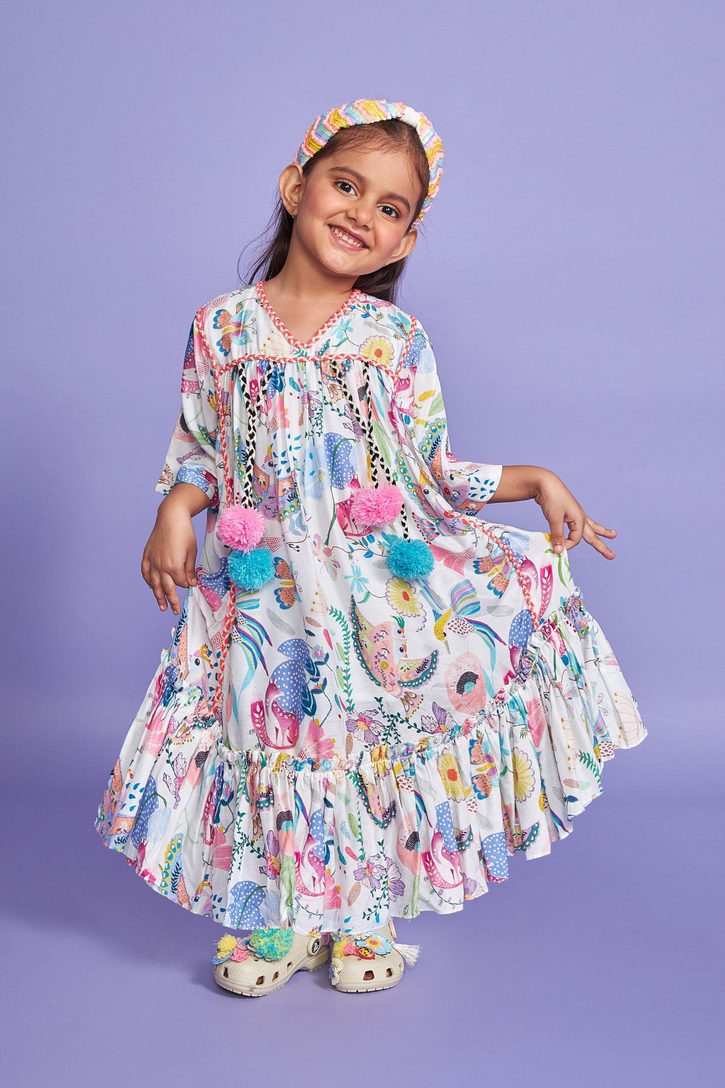 Pompom White Girls Kaftan Long Dress