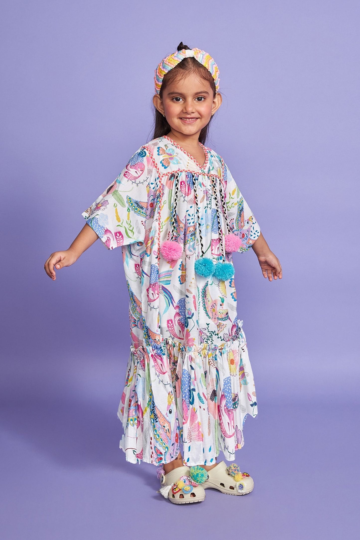 Pompom White Girls Kaftan Long Dress