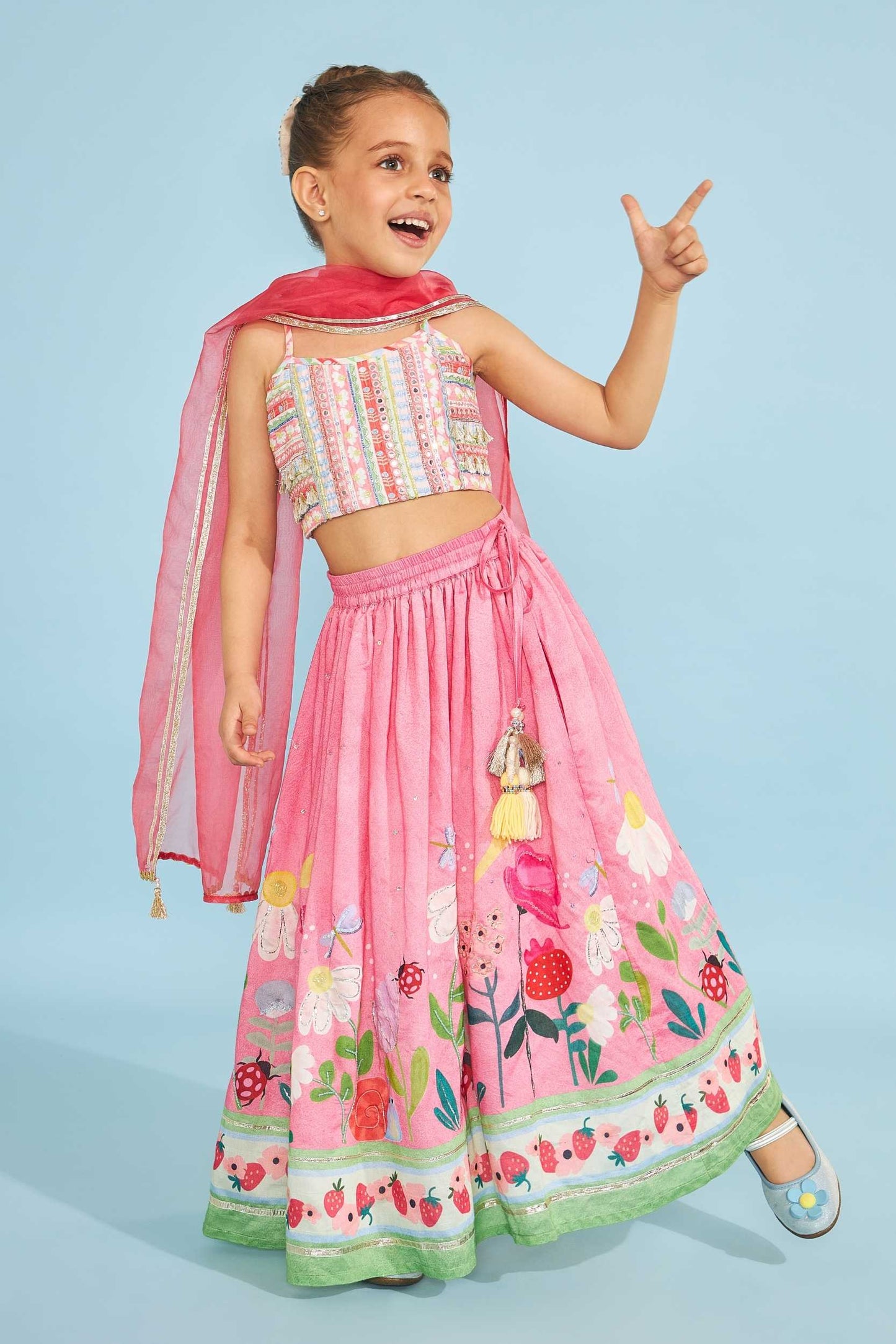 Candy Stripe Girls Embellished Crop Top With Strawberry Embellished Skirt (3 Pc Set)