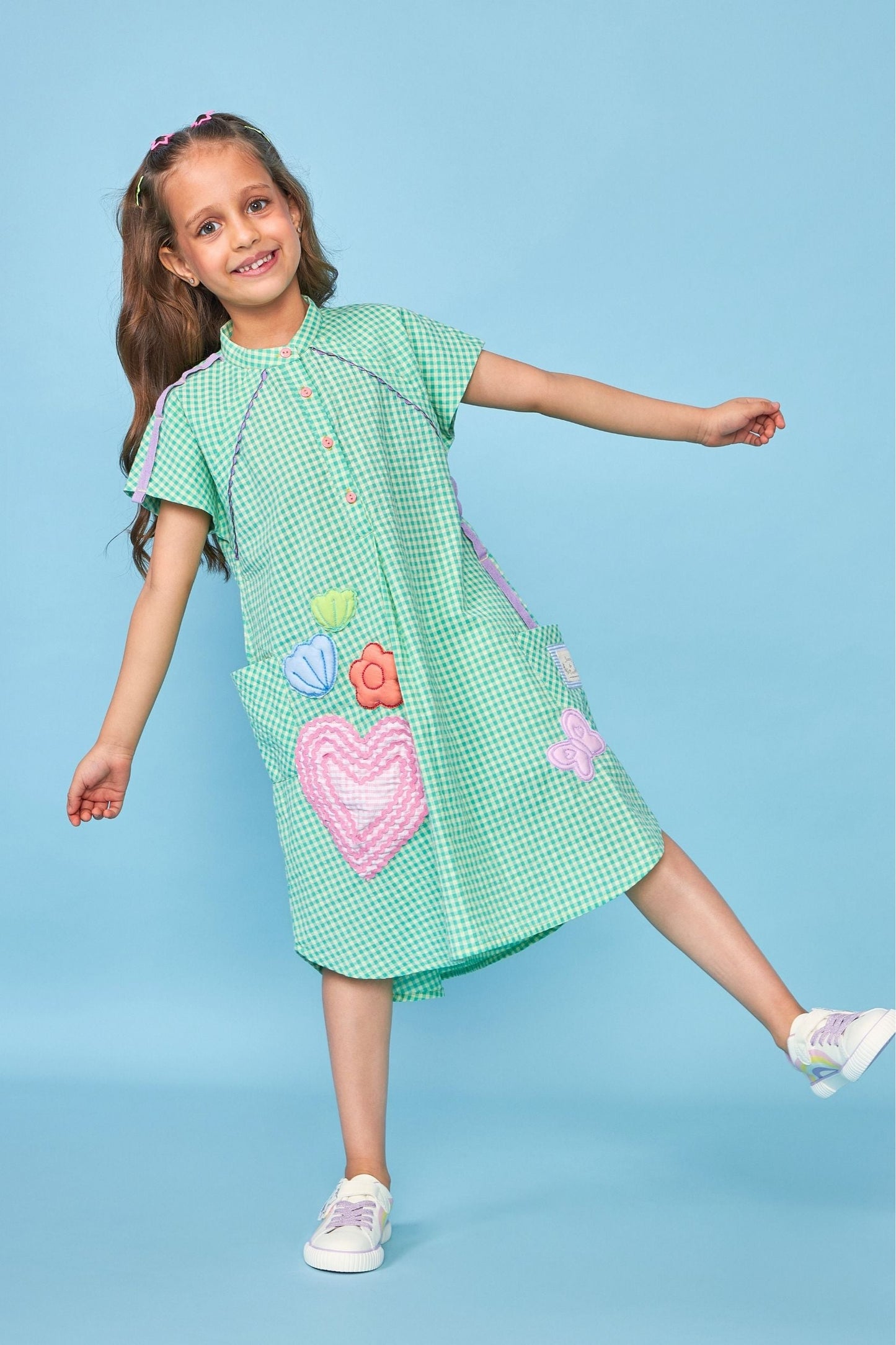 Green Gingham Embroidered Kids Shirt Dress