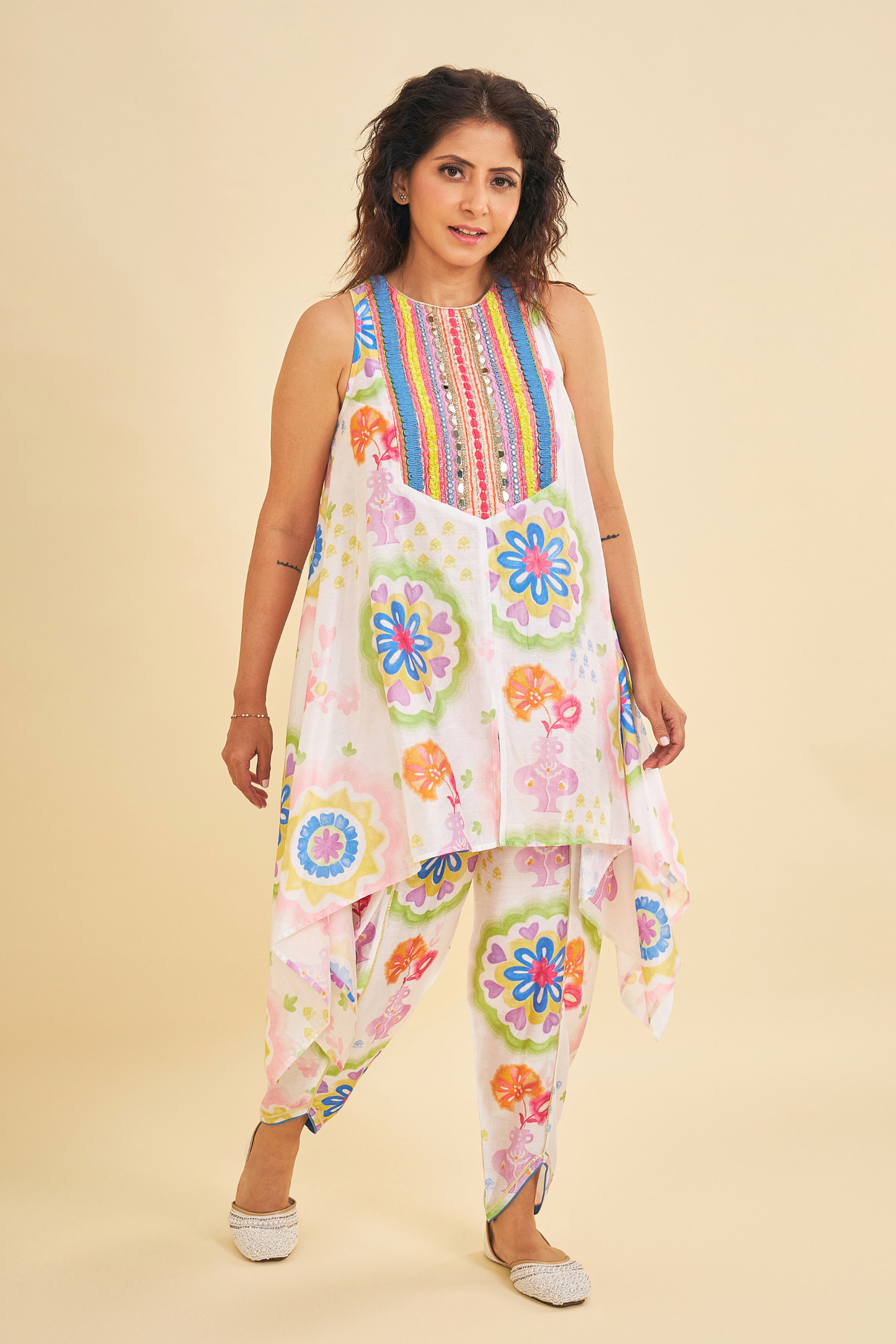 Mae Embroidered Ladies Tunic With Tulip Trousers ( Set of 2 Pcs)