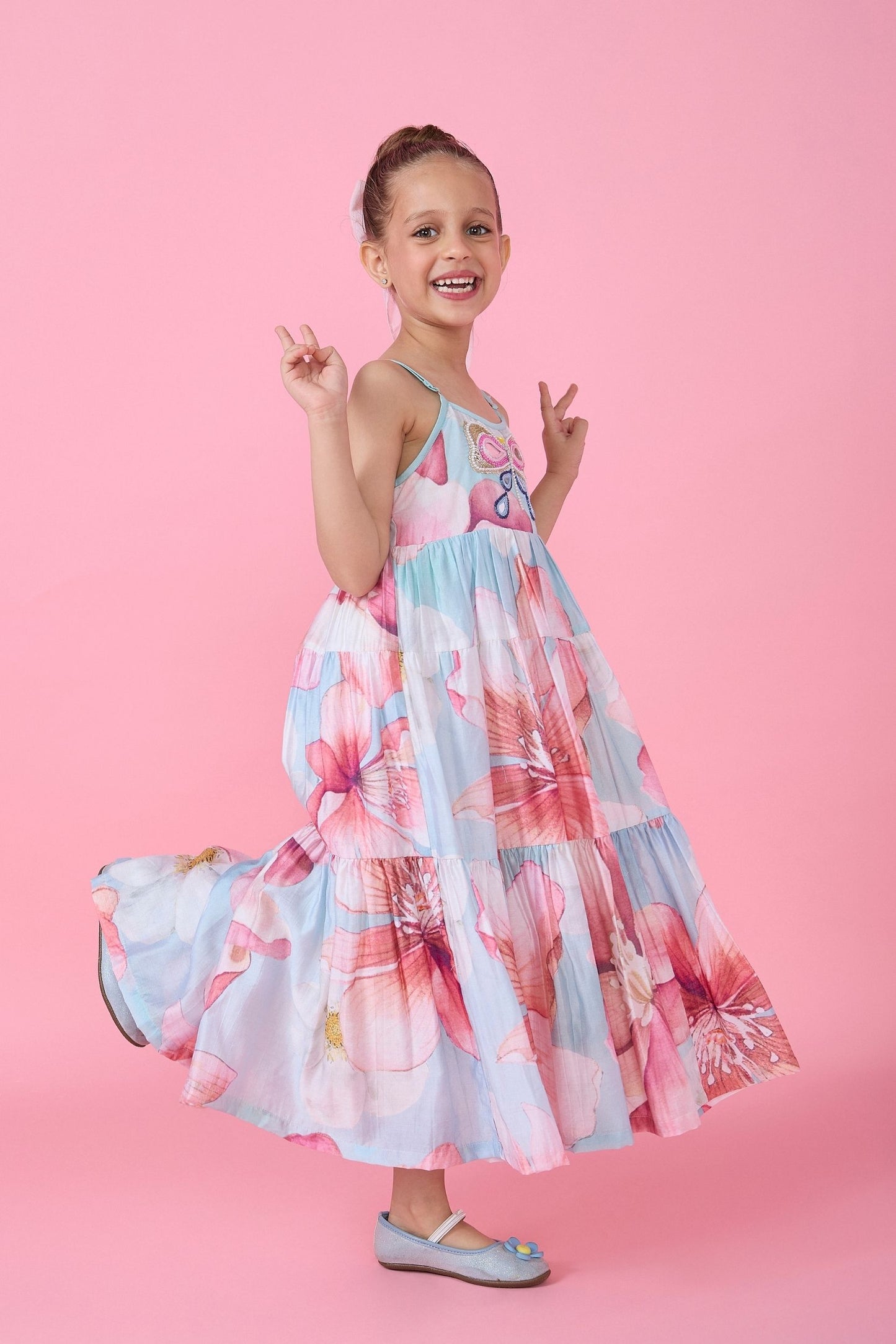 Sagewood Blush Embellished Girls Tiered Maxi Dress