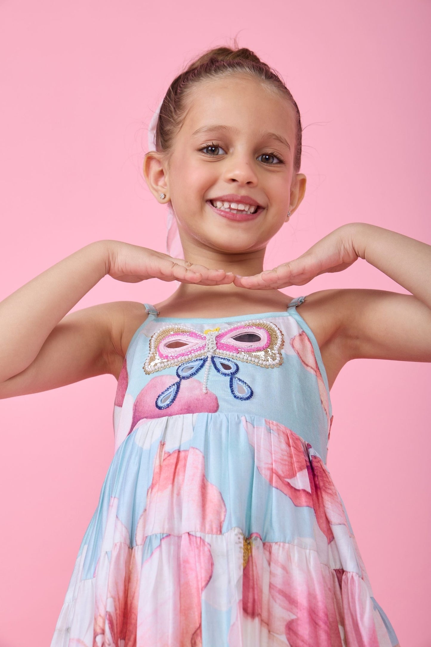 Sagewood Blush Embellished Girls Tiered Maxi Dress