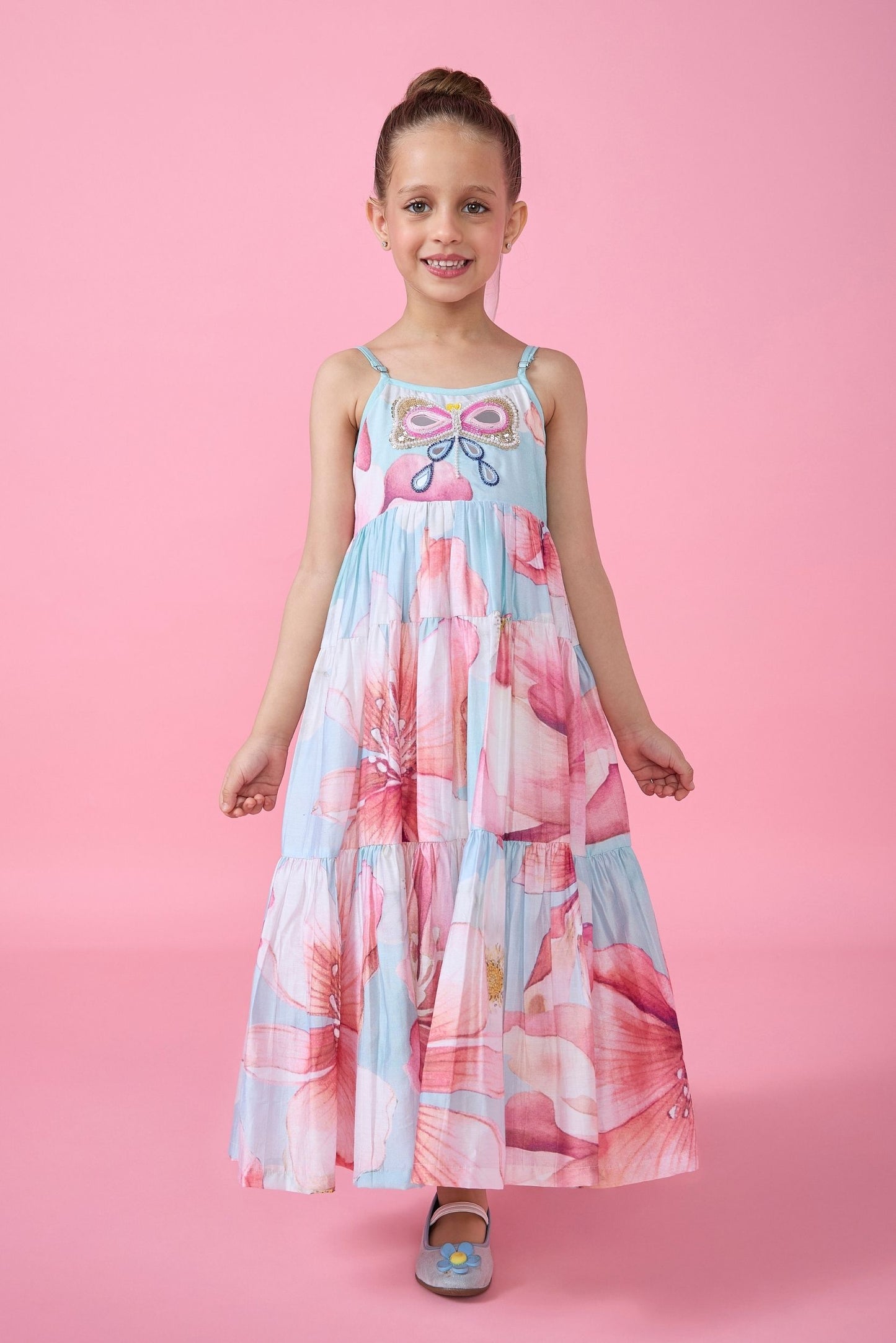 Sagewood Blush Embellished Girls Tiered Maxi Dress