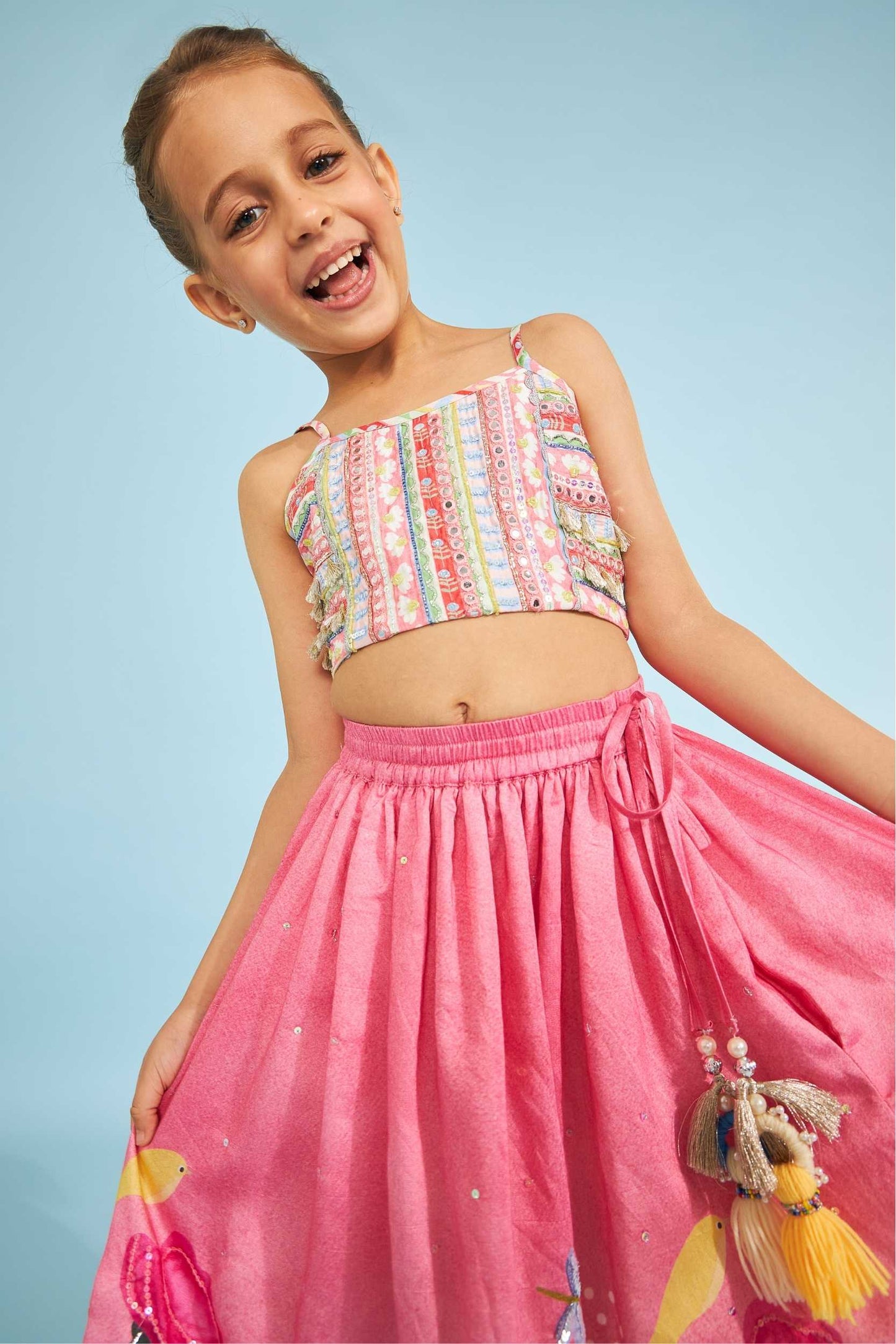 Candy Stripe Girls Embellished Crop Top With Strawberry Embellished Skirt (3 Pc Set)