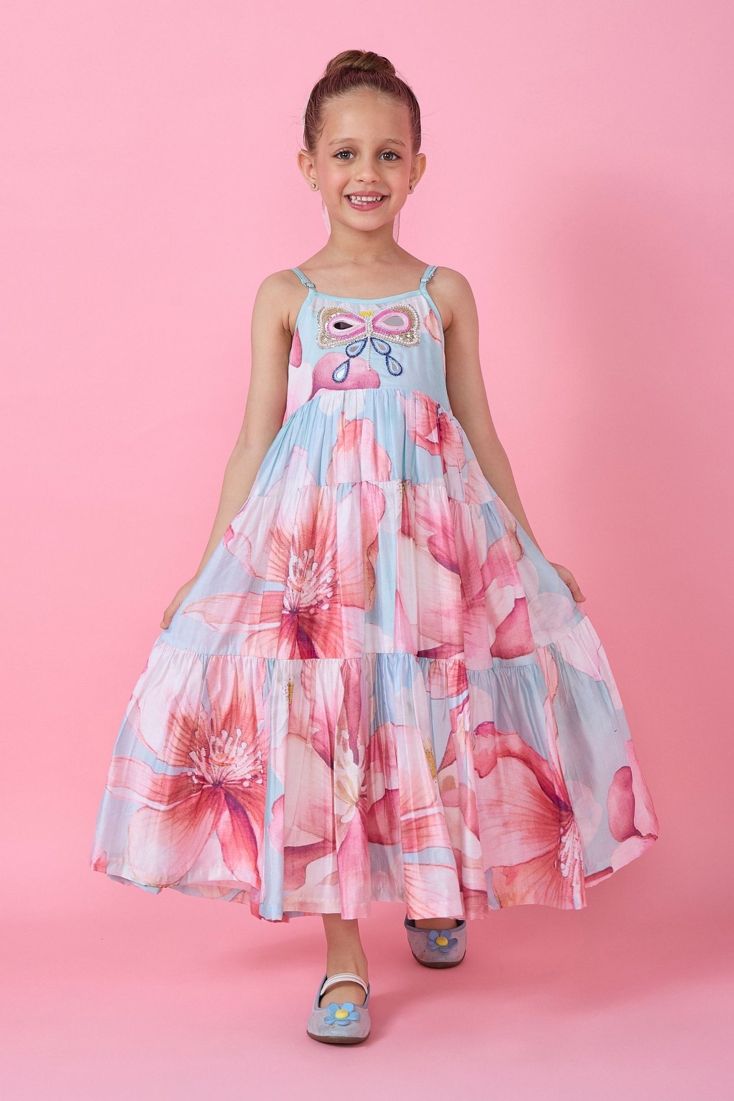 Sagewood Blush Embellished Girls Tiered Maxi Dress