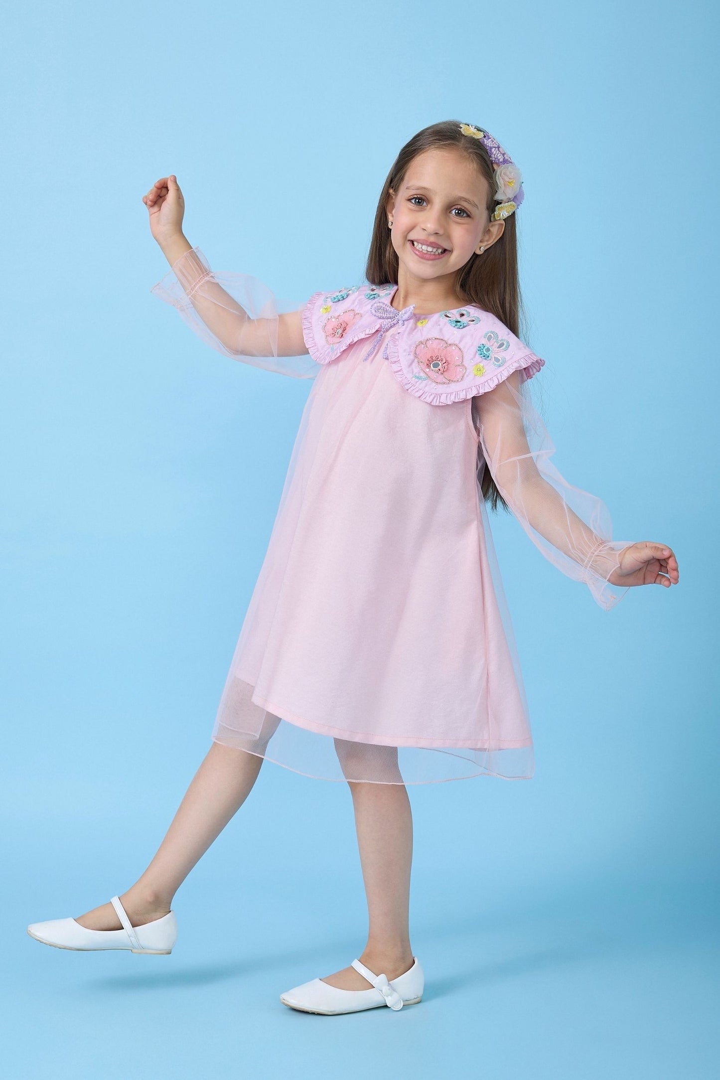 Rosette Pink Collared Embellished Girls Dress