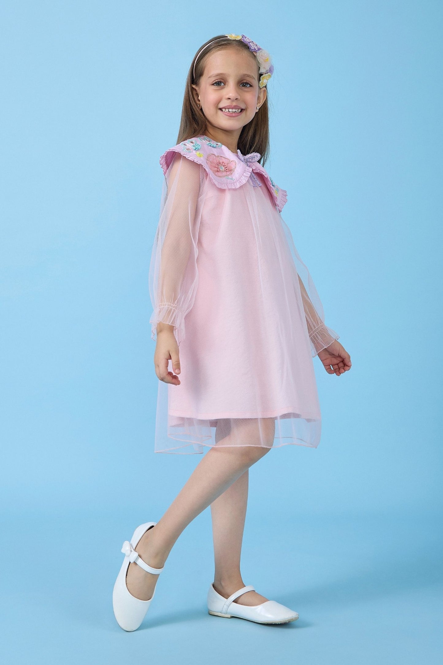 Rosette Pink Collared Embellished Girls Dress