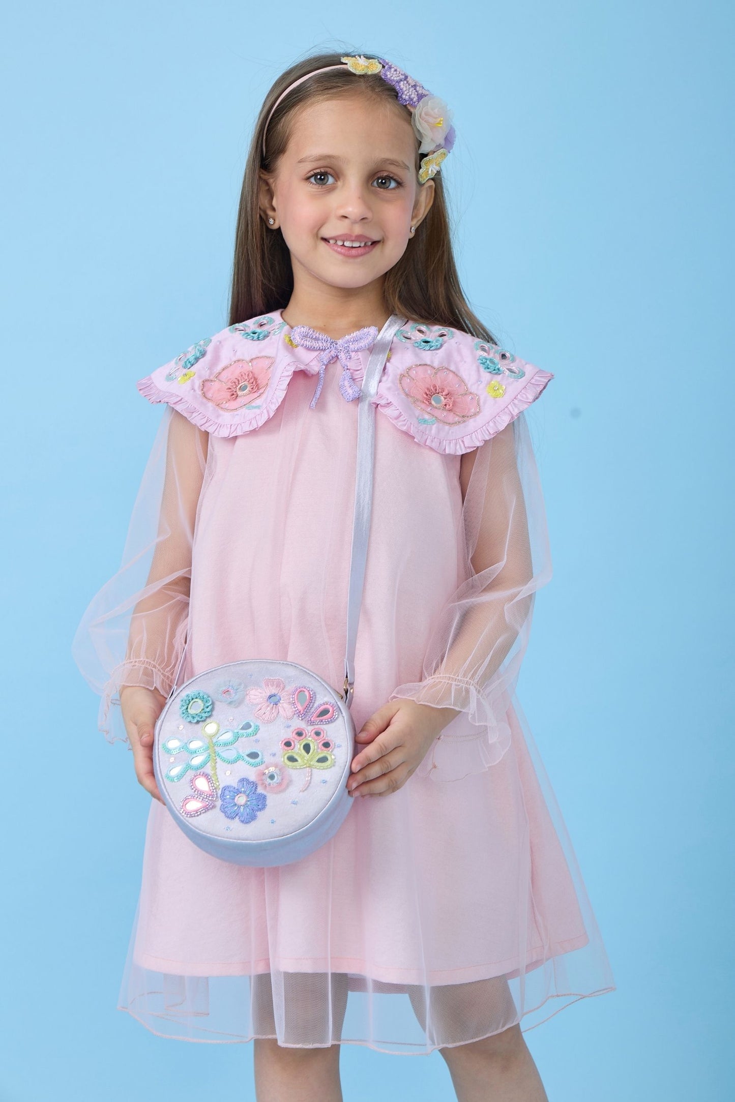 Rosette Pink Collared Embellished Girls Dress