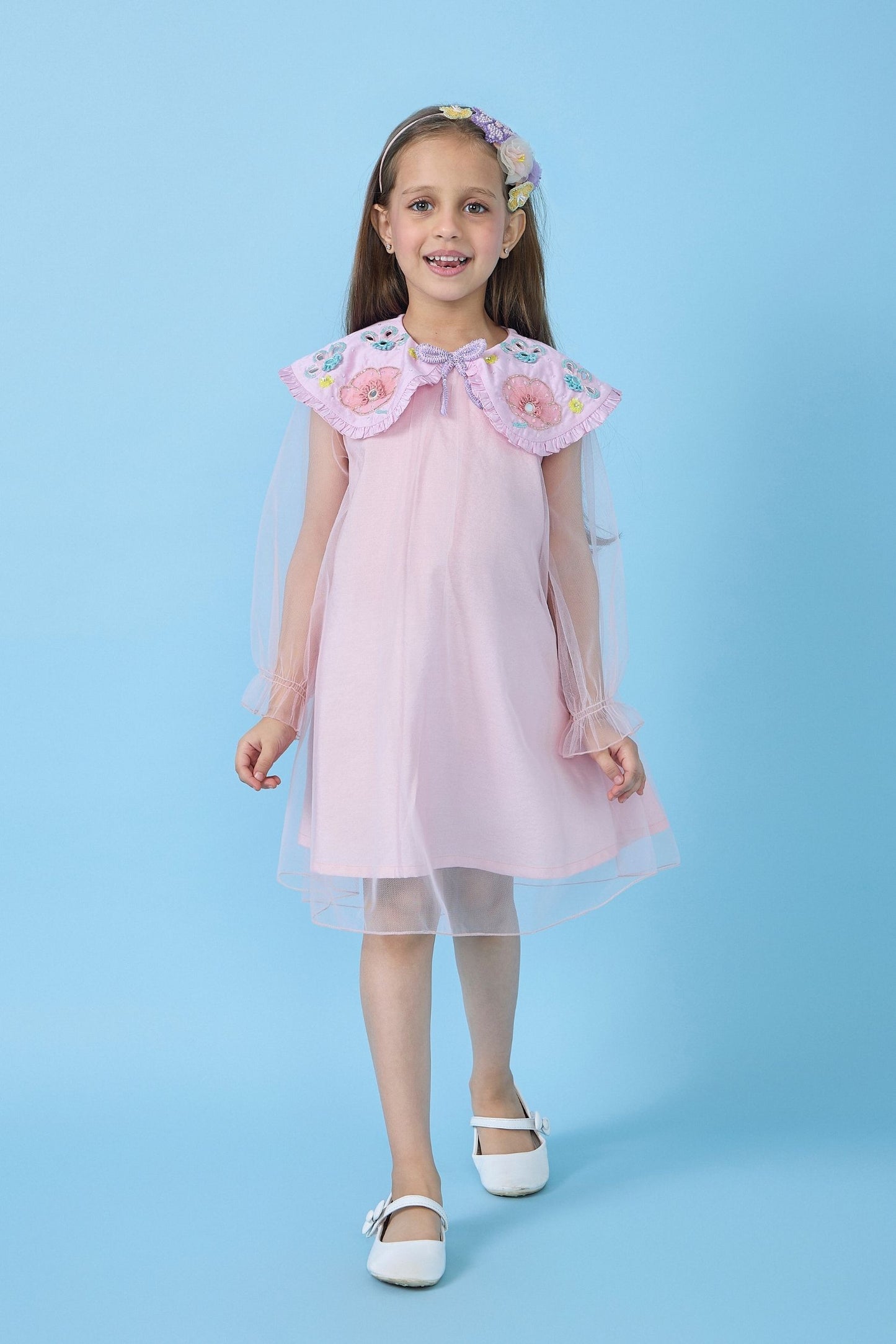 Rosette Pink Collared Embellished Girls Dress