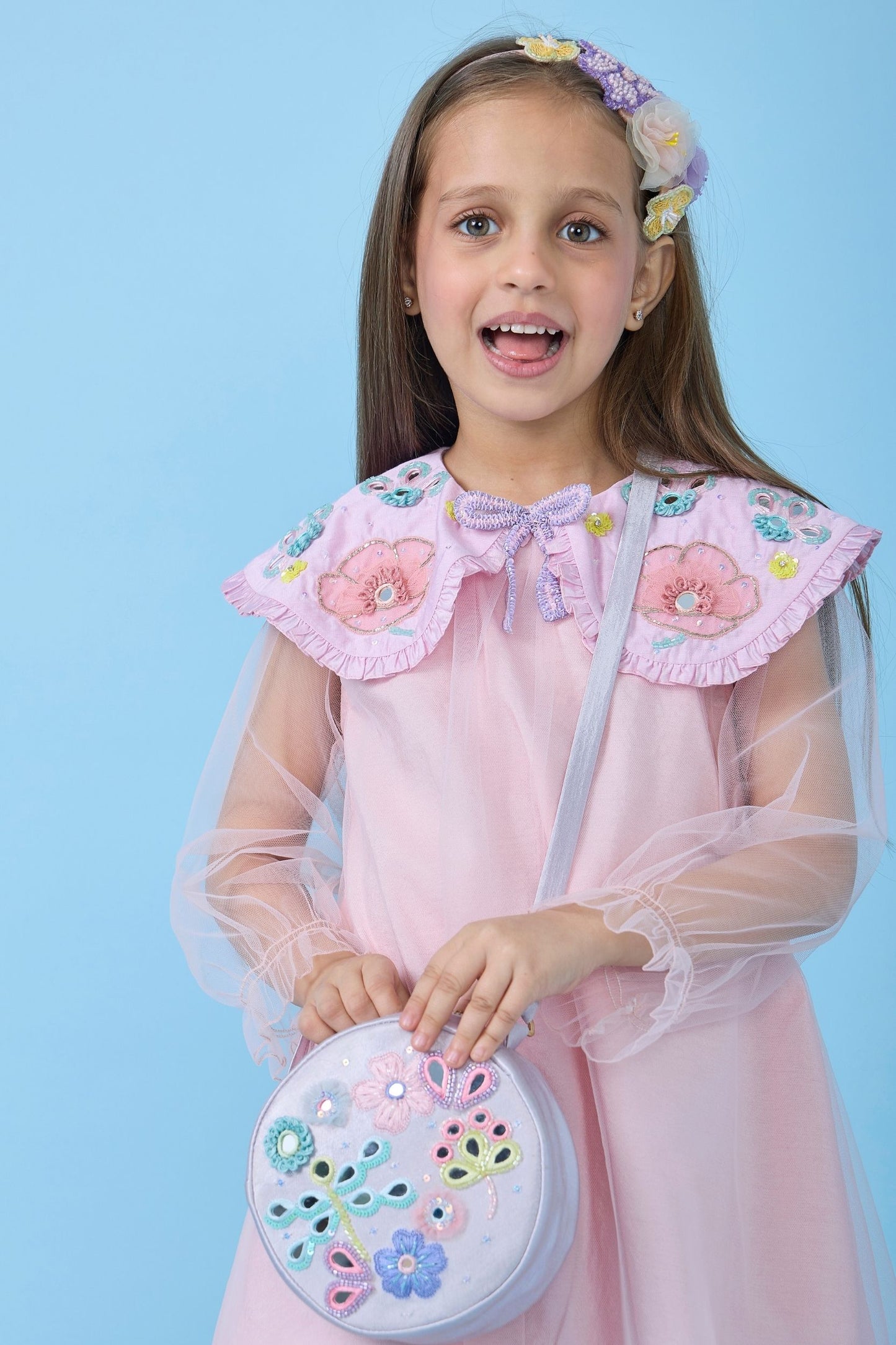 Rosette Pink Collared Embellished Girls Dress