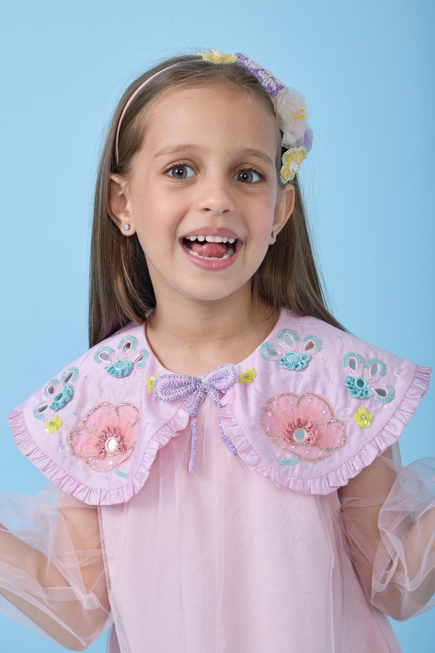 Rosette Pink Collared Embellished Girls Dress
