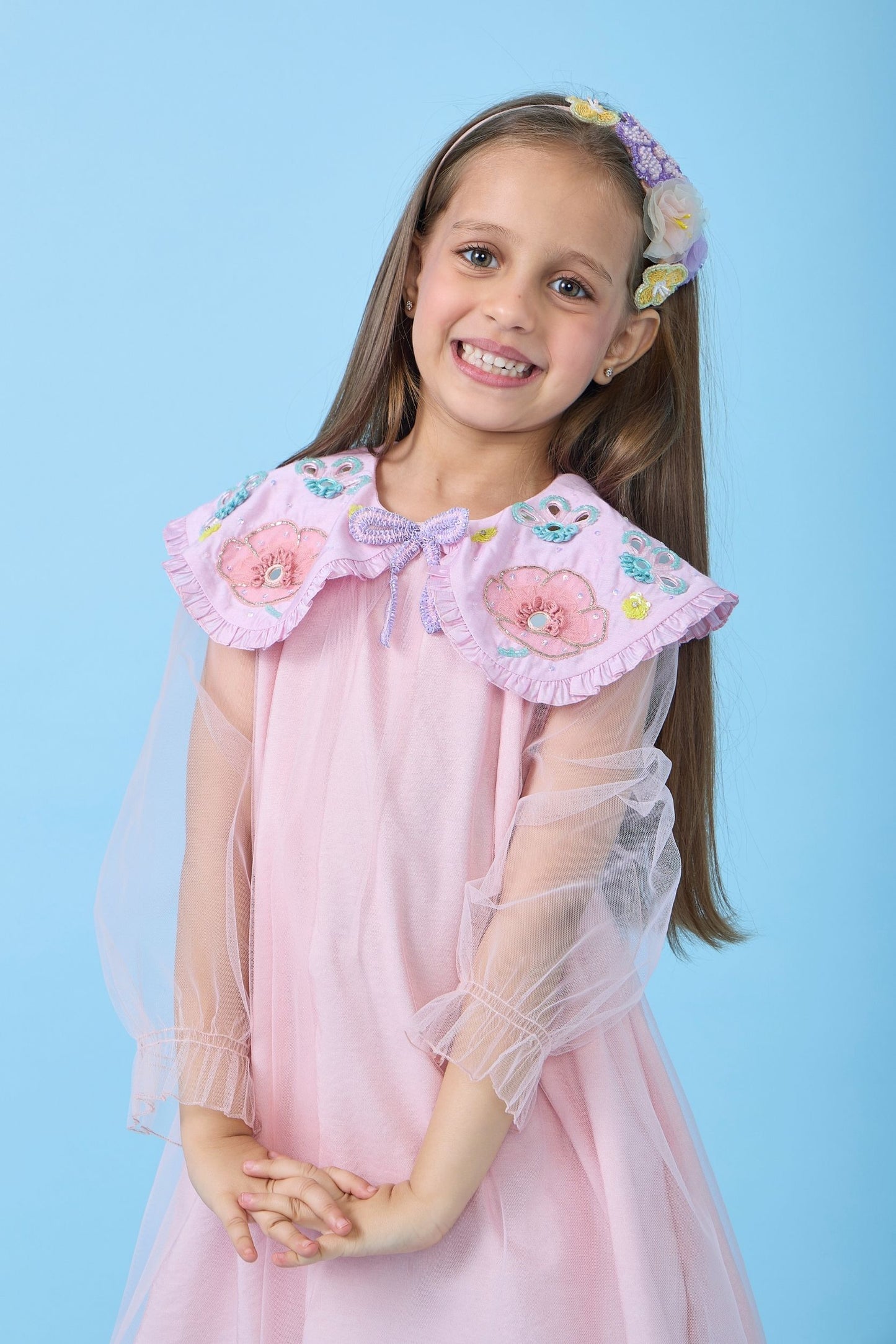 Rosette Pink Collared Embellished Girls Dress