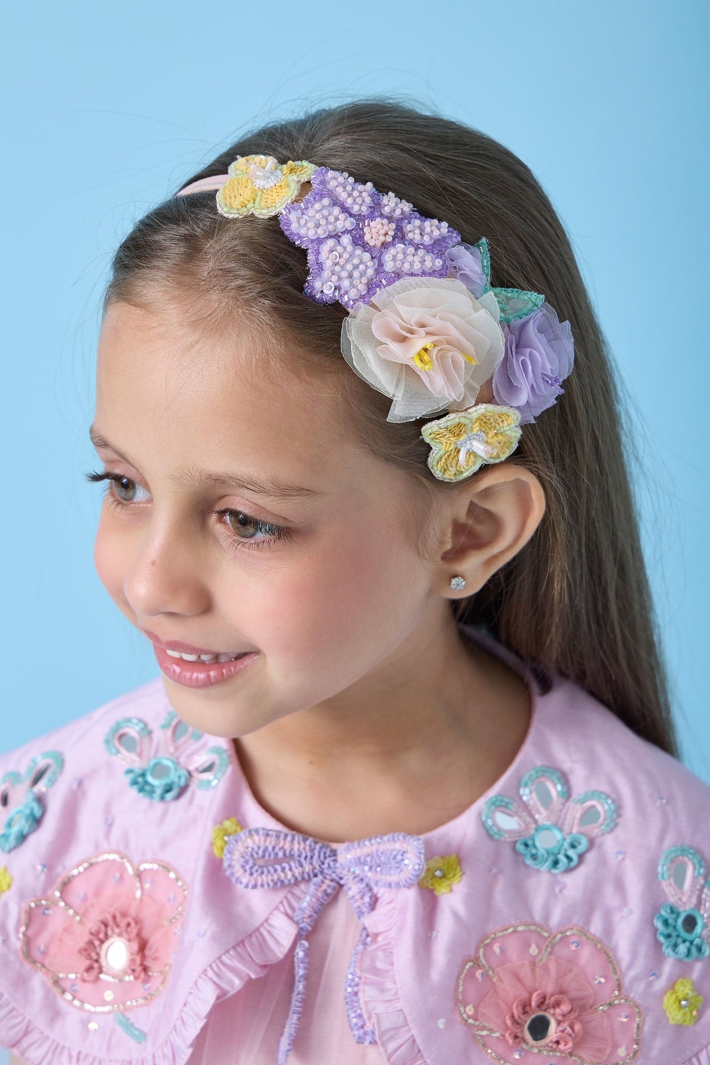 Rosette Pink Collared Embellished Girls Dress