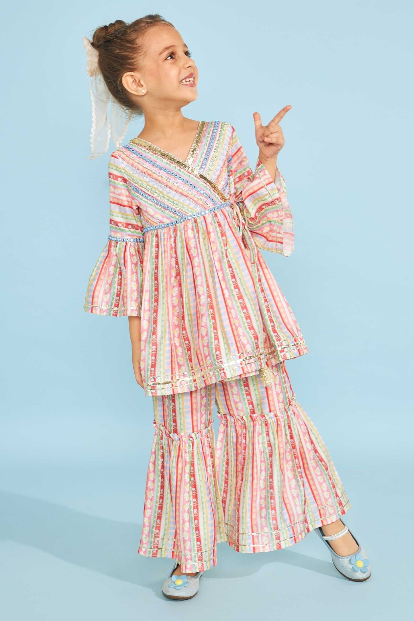 Candy Stripe Girls Embellished Wrap Top & Flared Trouser Coord (2 Pc Set)