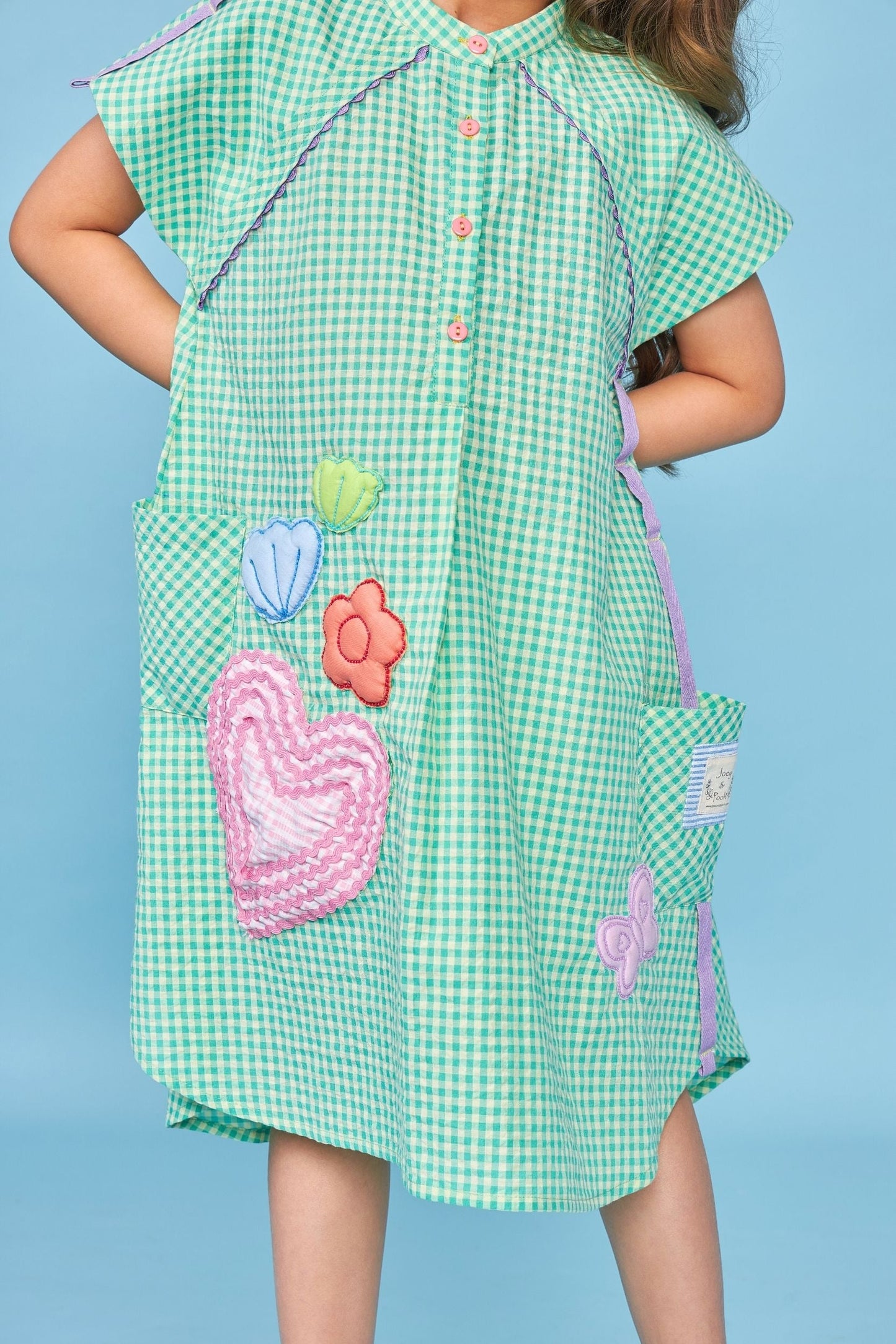 Green Gingham Embroidered Kids Shirt Dress
