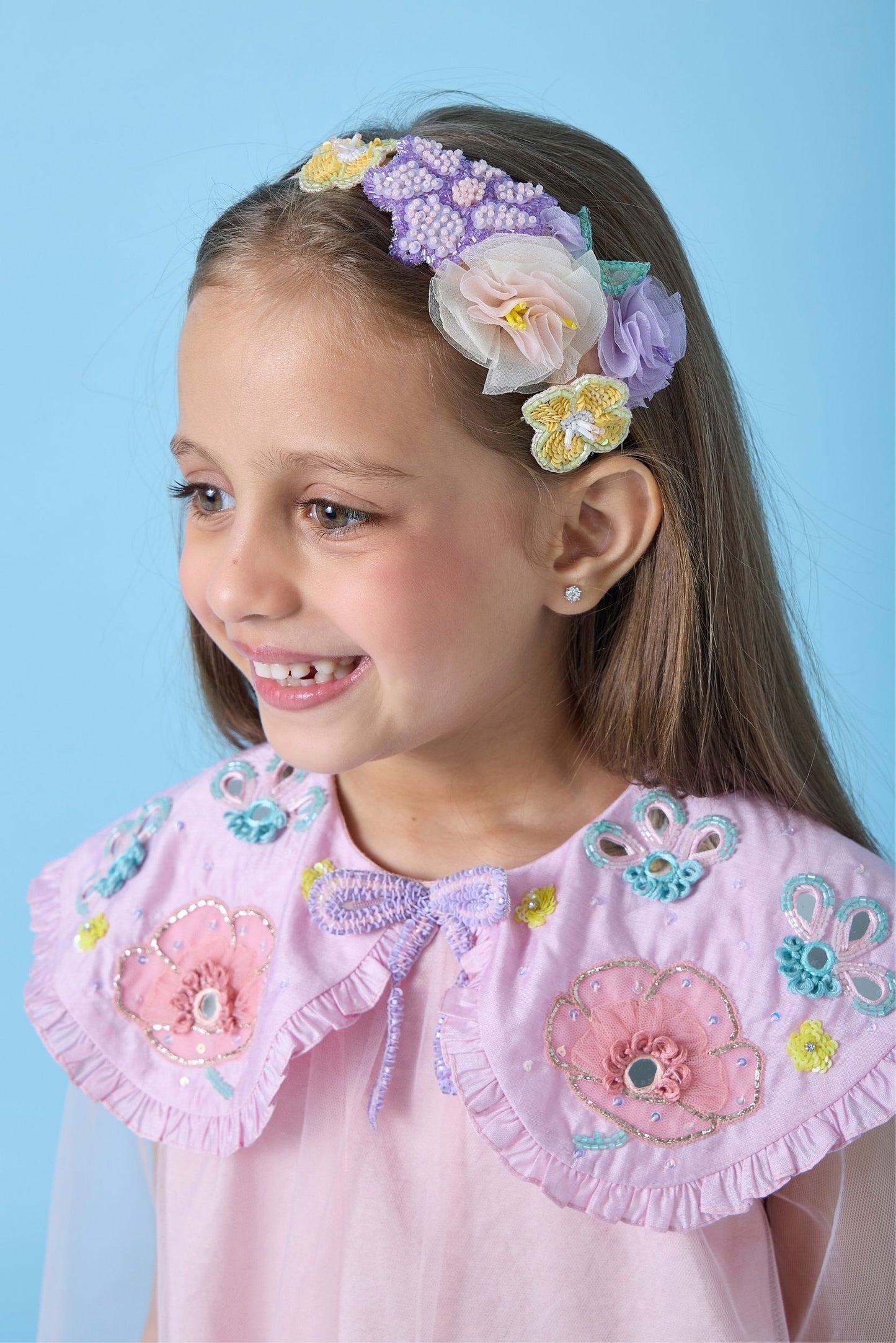 Rosette Pink Collared Embellished Girls Dress