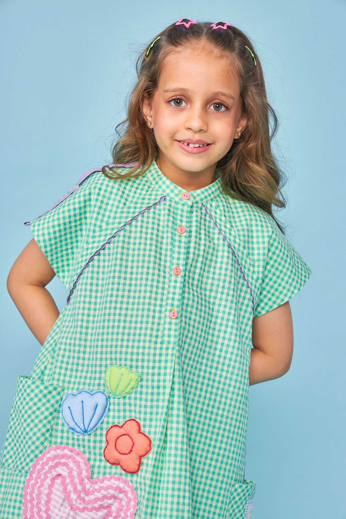 Green Gingham Embroidered Kids Shirt Dress