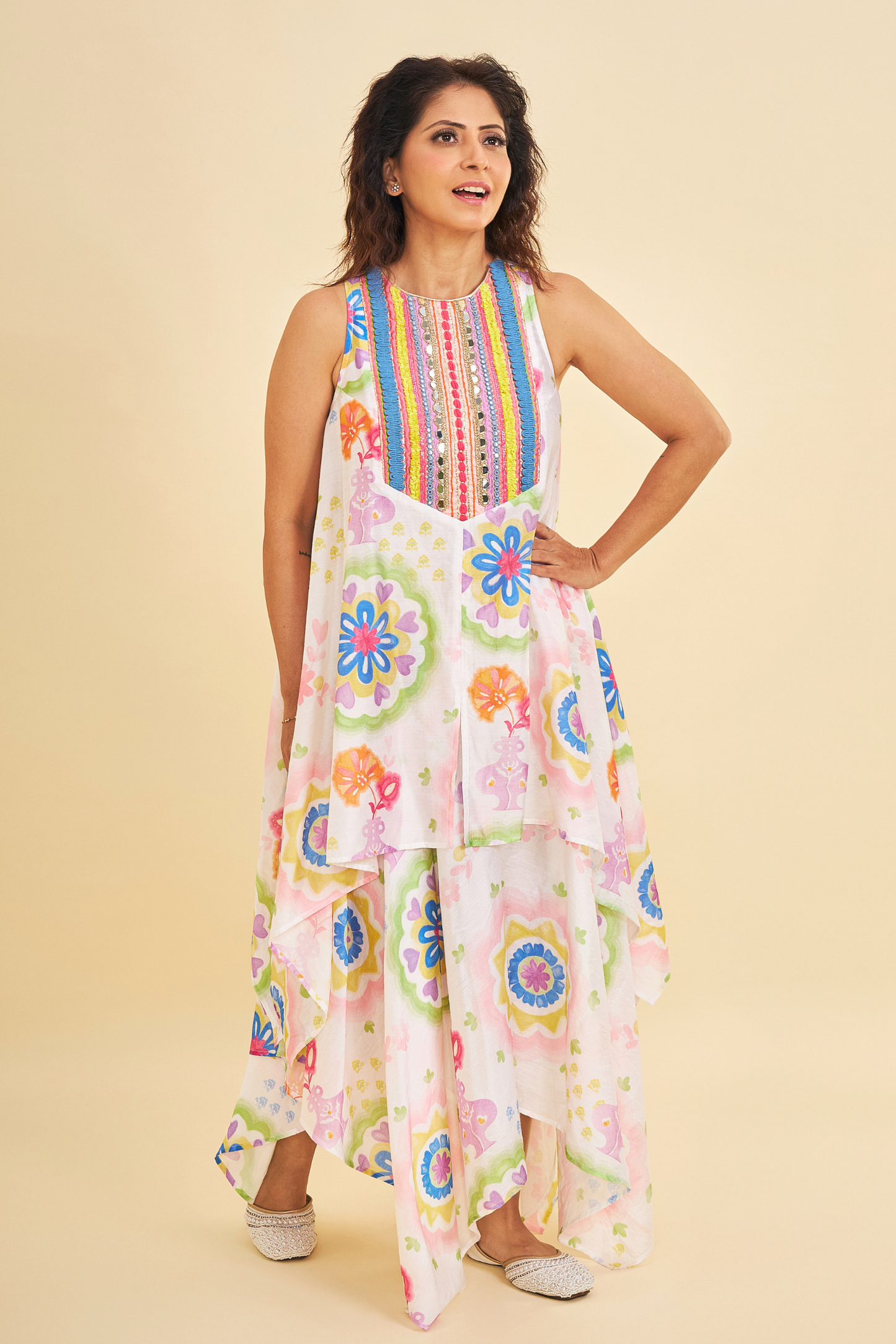Mae Embroidered Ladies Tunic With Asymmetric Trousers ( Set of 2 Pcs)