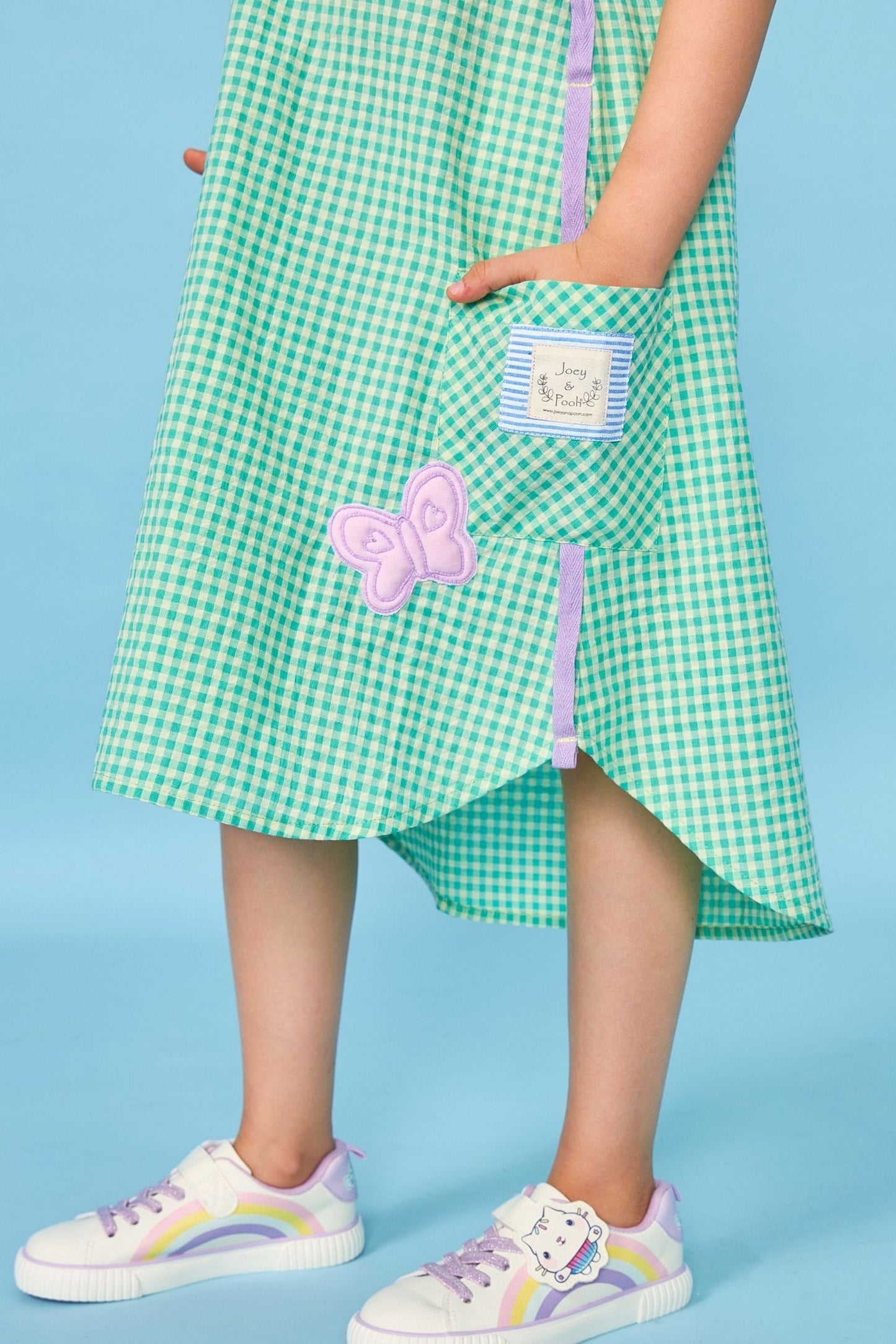 Green Gingham Embroidered Kids Shirt Dress