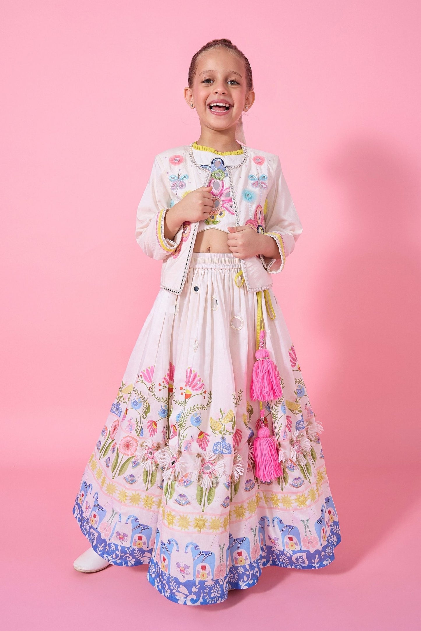 Dala Girls Skirt With Embellished Crop Top jacket And Dupatta ( 4pc set)