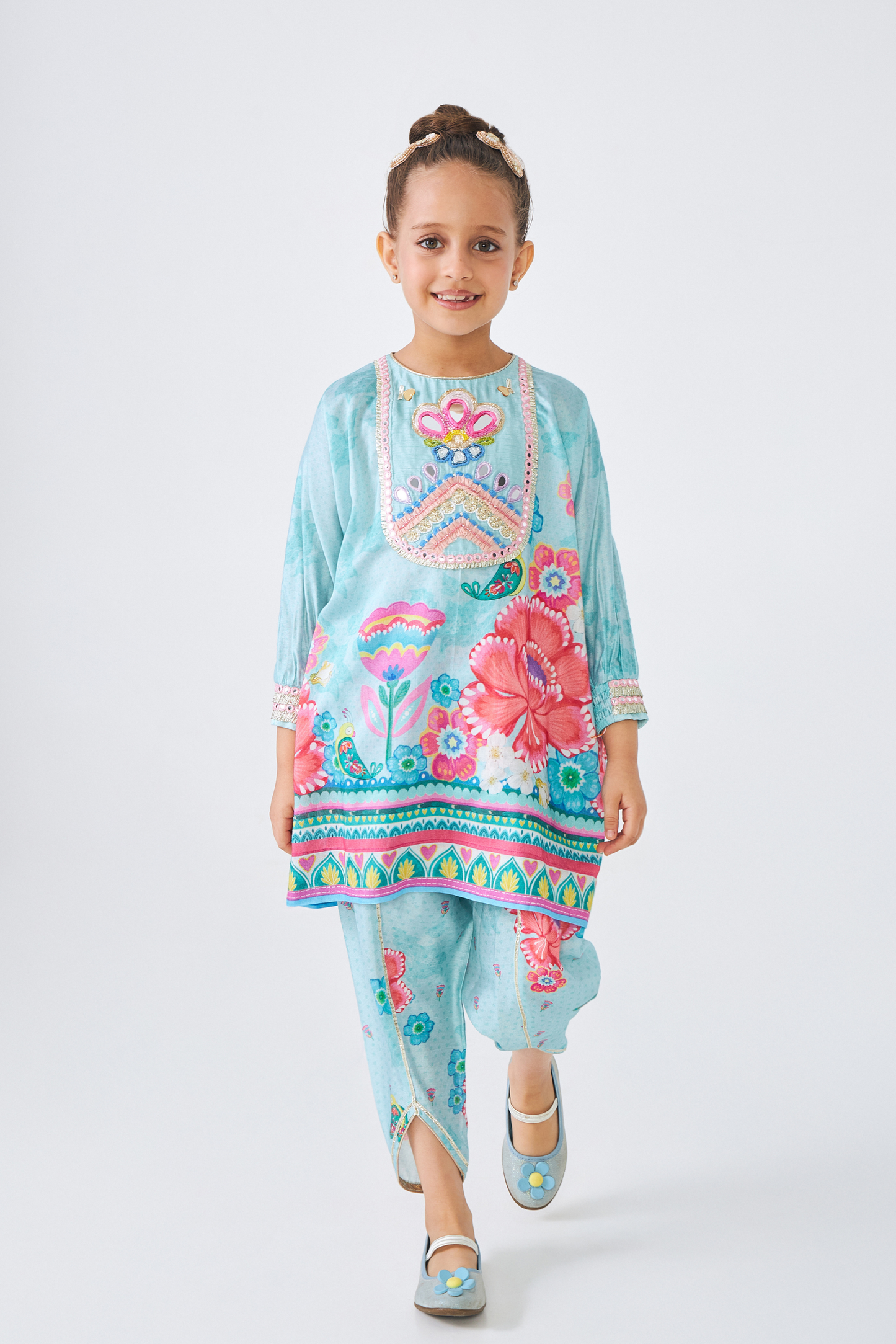 Freya Sage Embellished Girls Tunic With Pants (Set of 2 Pcs)
