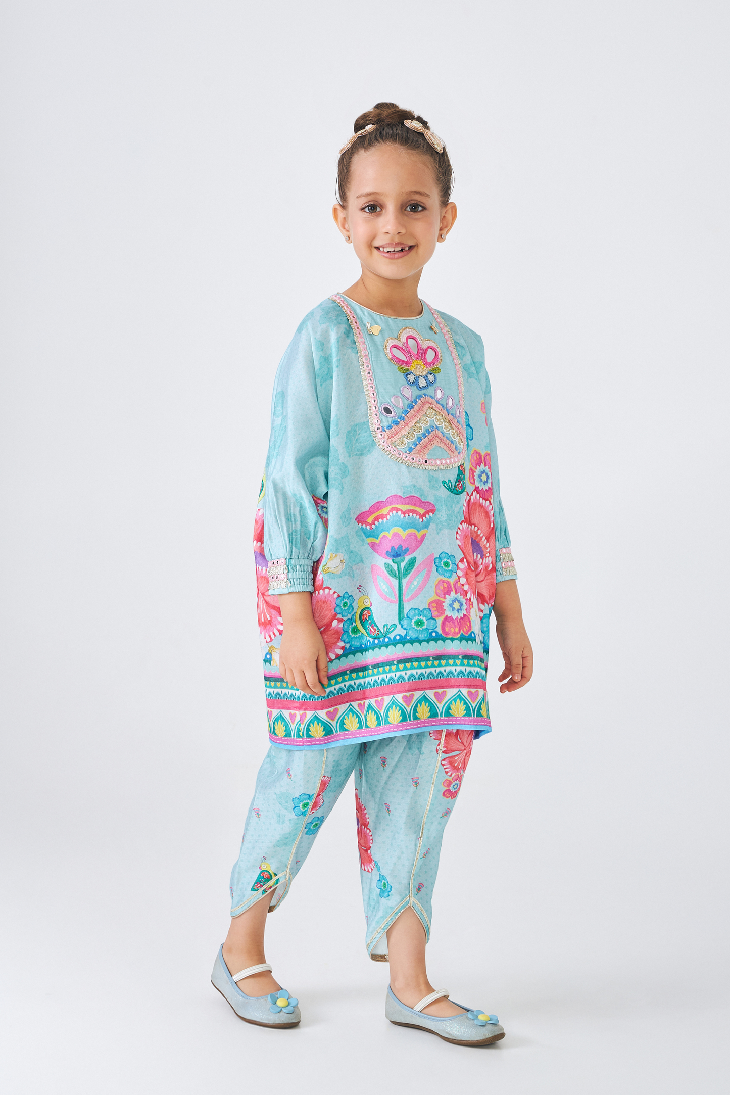 Freya Sage Embellished Girls Tunic With Pants (Set of 2 Pcs)