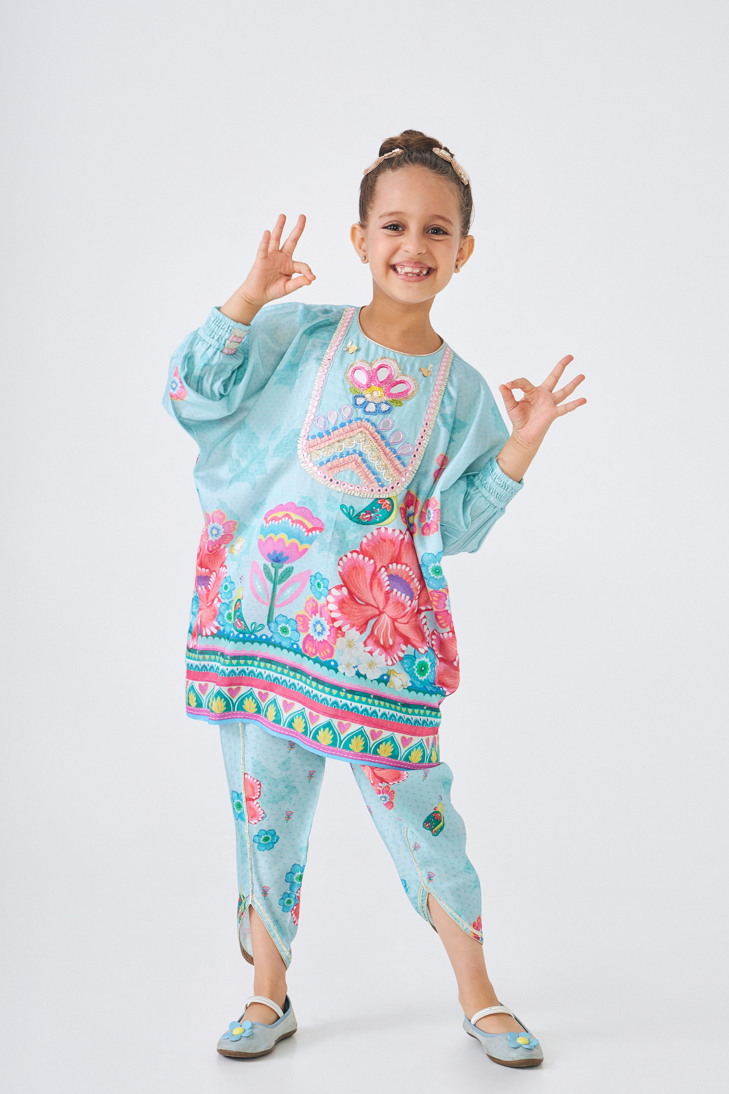 Freya Sage Embellished Girls Tunic With Pants (Set of 2 Pcs)