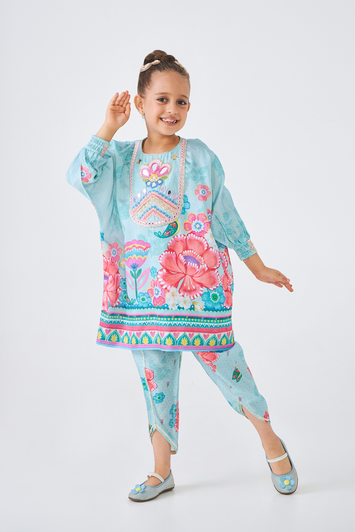 Freya Sage Embellished Girls Tunic With Pants (Set of 2 Pcs)