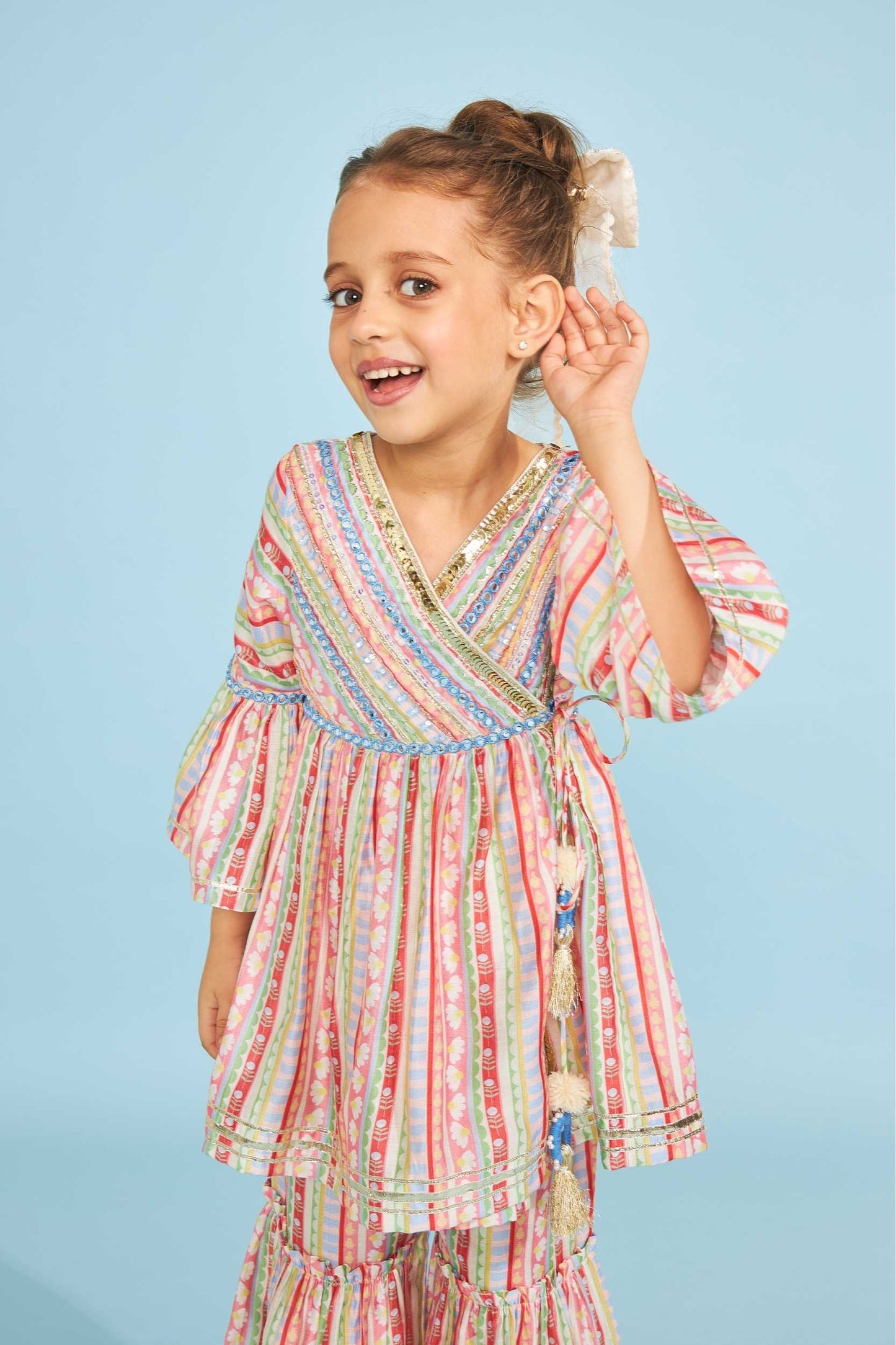 Candy Stripe Girls Embellished Wrap Top & Flared Trouser Coord (2 Pc Set)