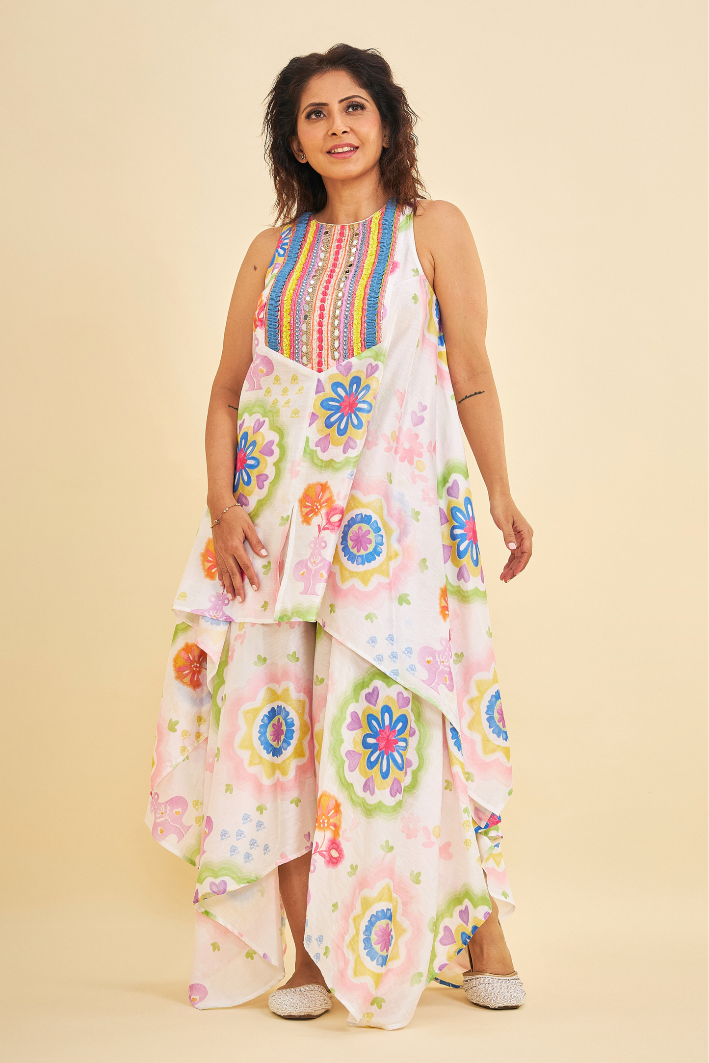 Mae Embroidered Ladies Tunic With Asymmetric Trousers ( Set of 2 Pcs)