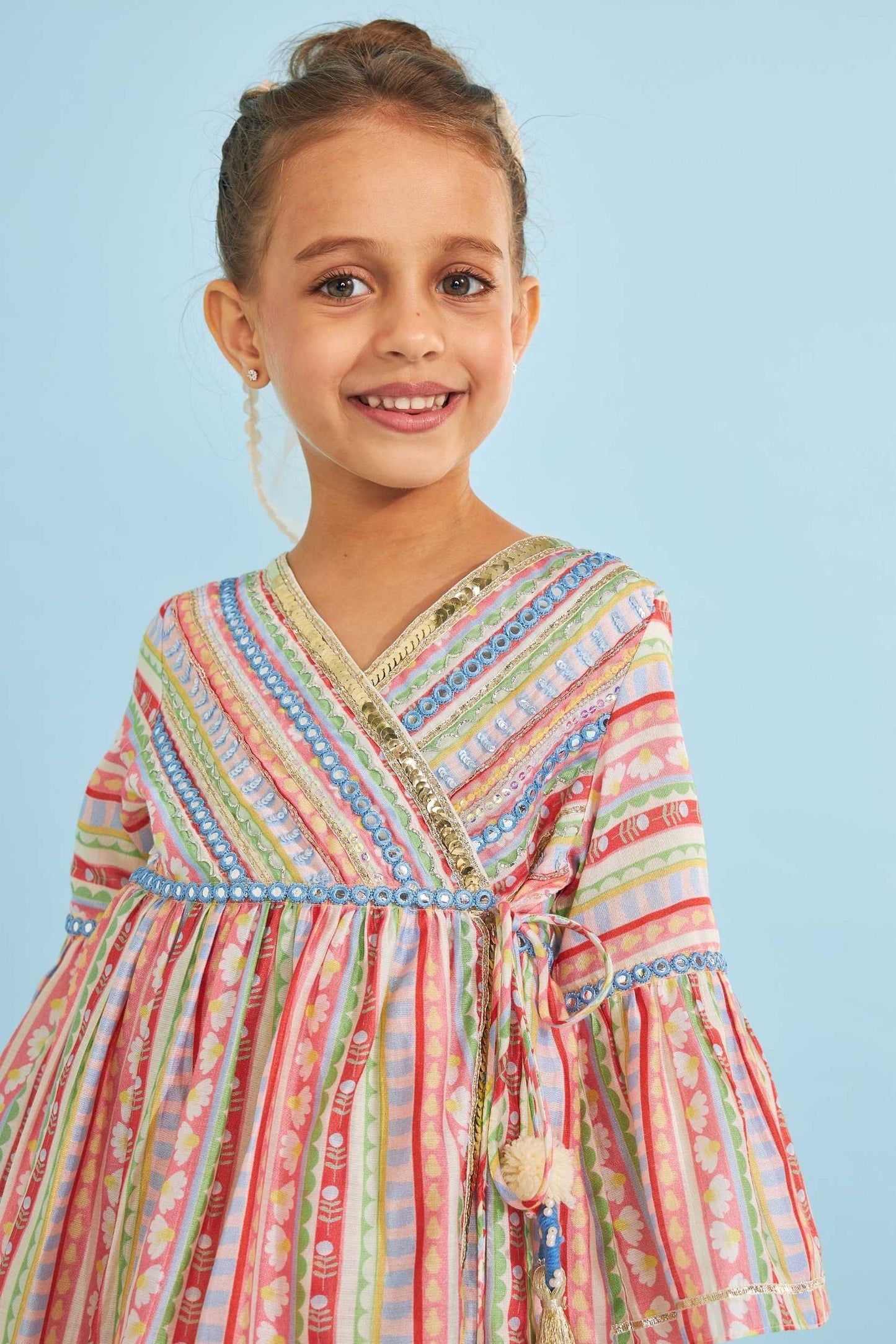 Candy Stripe Girls Embellished Wrap Top & Flared Trouser Coord (2 Pc Set)