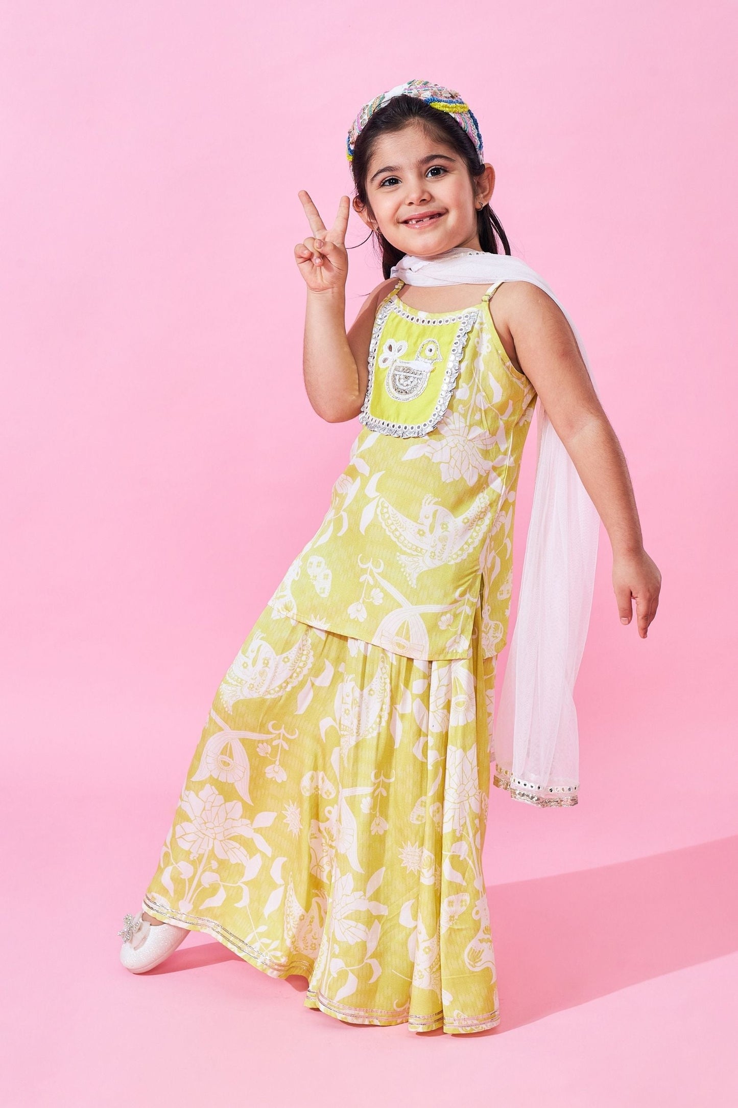 Poppy Yellow Girls Embellished Long Top and Flared trousers with dupatta ( Set of 3 pcs)