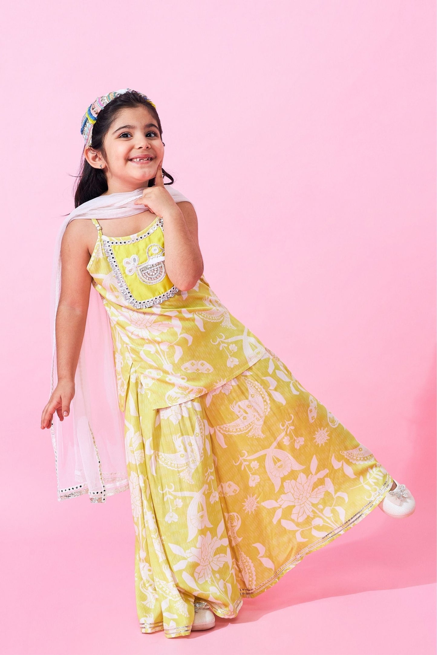 Poppy Yellow Girls Embellished Long Top and Flared trousers with dupatta ( Set of 3 pcs)