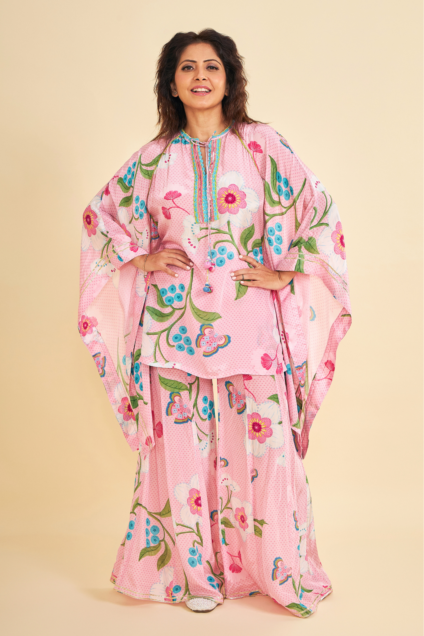 Raya Pink Embroidered Ladies Tunic With Flared Trousers ( Set of 2 Pcs)