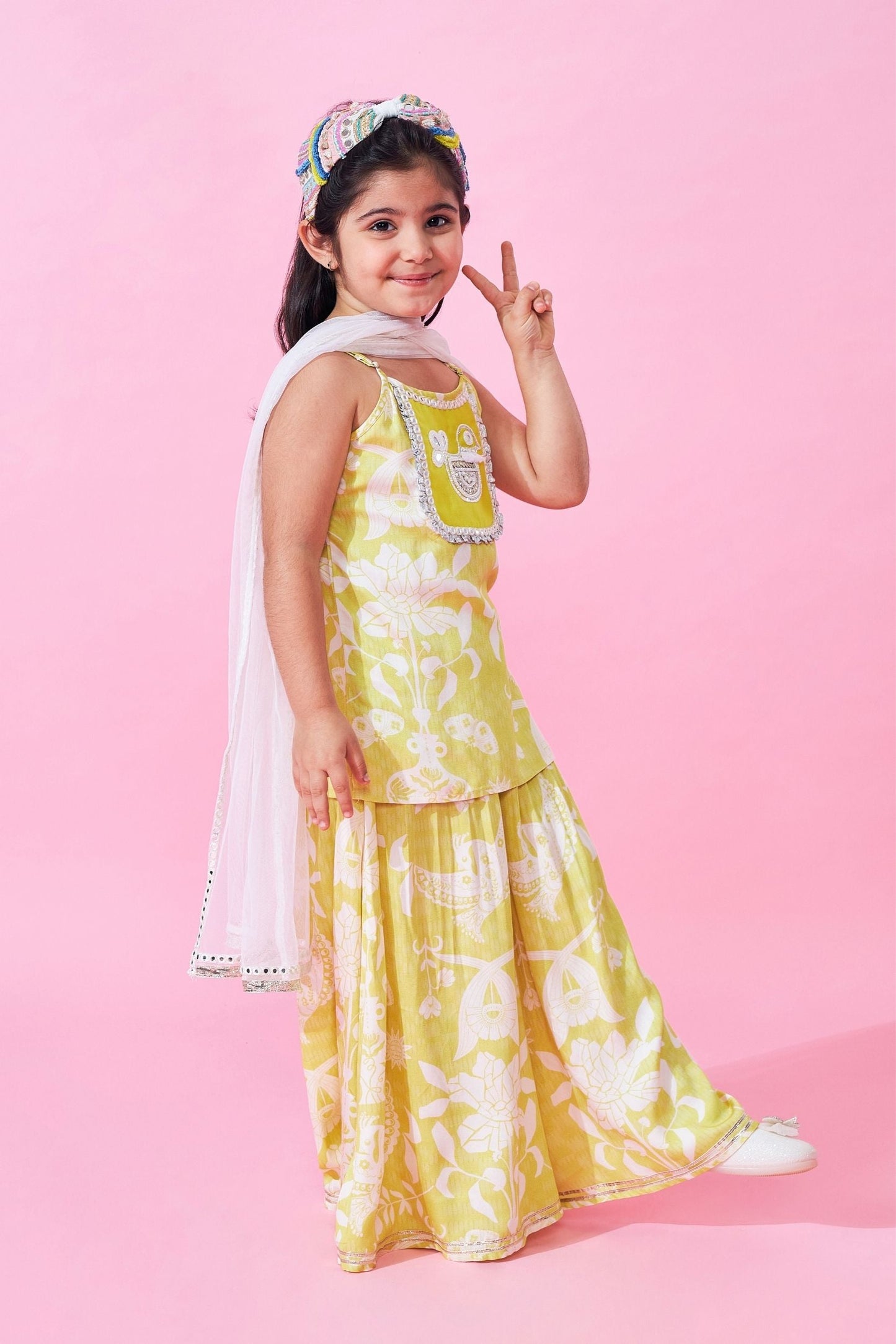 Poppy Yellow Girls Embellished Long Top and Flared trousers with dupatta ( Set of 3 pcs)