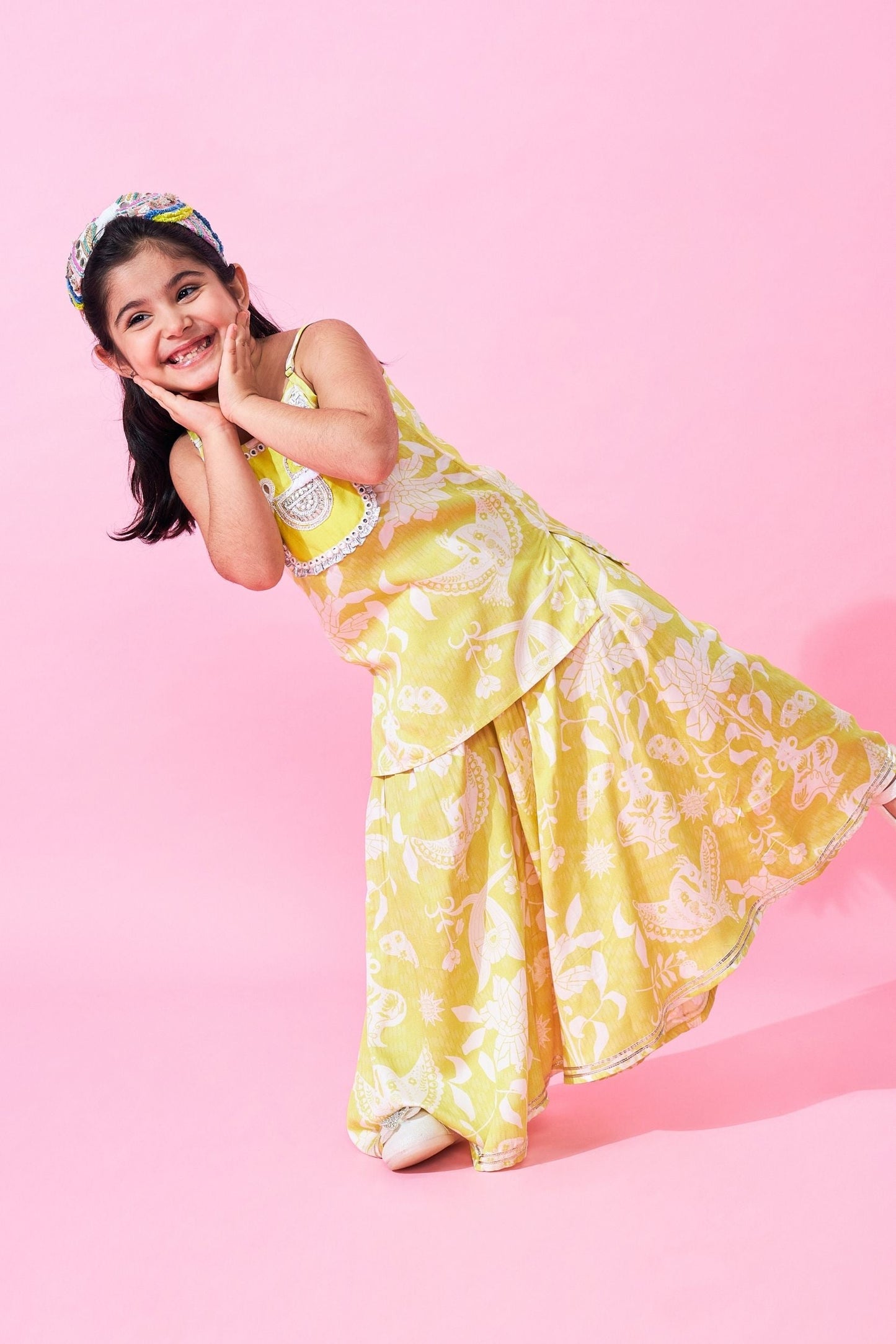 Poppy Yellow Girls Embellished Long Top and Flared trousers with dupatta ( Set of 3 pcs)