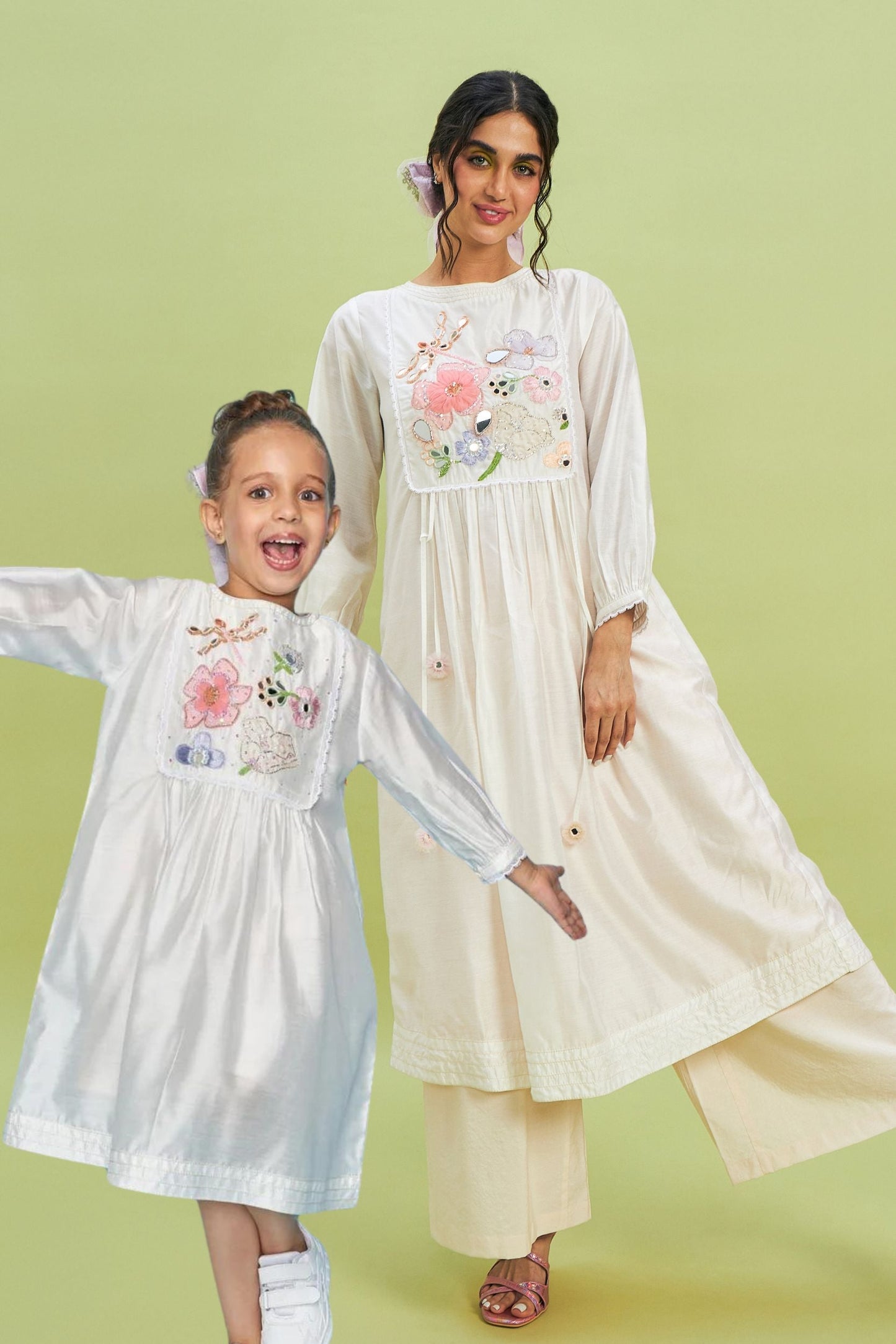 Mirror Yoke white embellished Ladies Dress - Mom & Me
