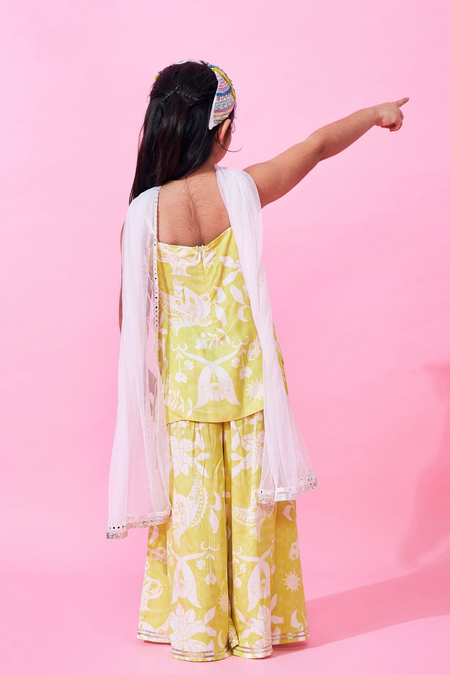 Poppy Yellow Girls Embellished Long Top and Flared trousers with dupatta ( Set of 3 pcs)