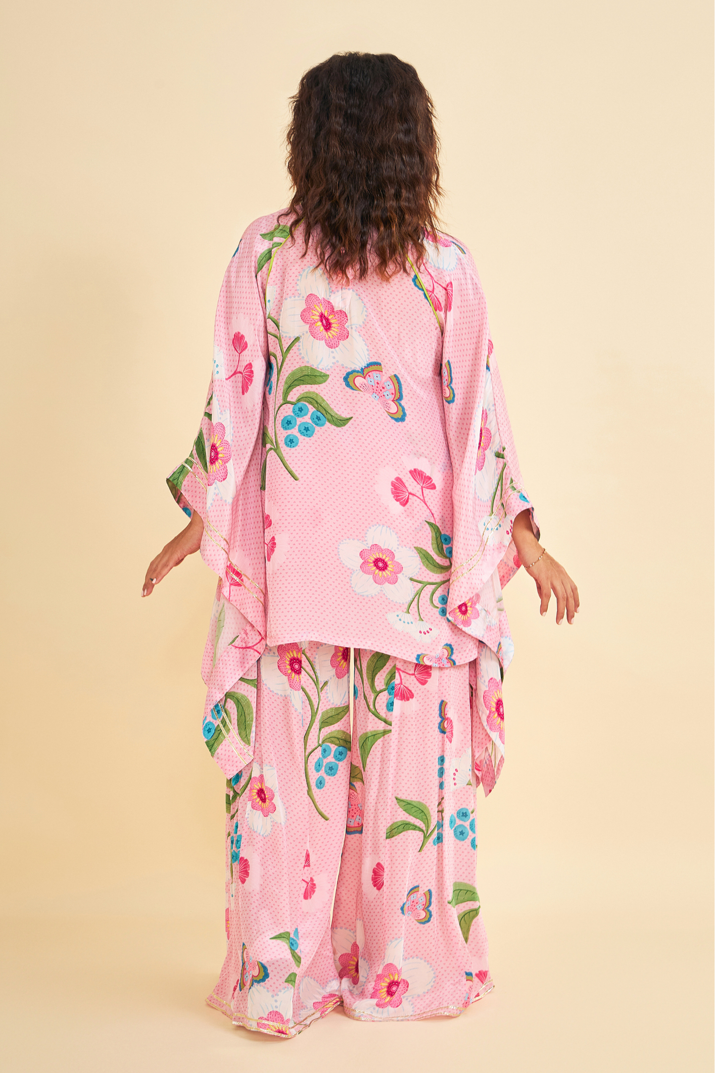Raya Pink Embroidered Ladies Tunic With Flared Trousers ( Set of 2 Pcs)