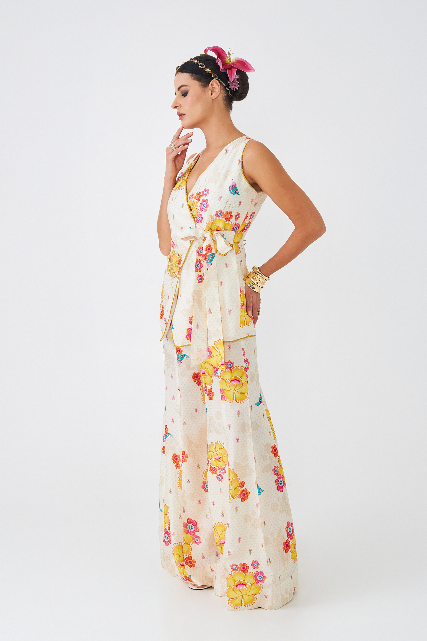 Freya Mustard Ladies Embellished Long Waistcoat & Flared Trousers Co-ord (Set of 2pcs)