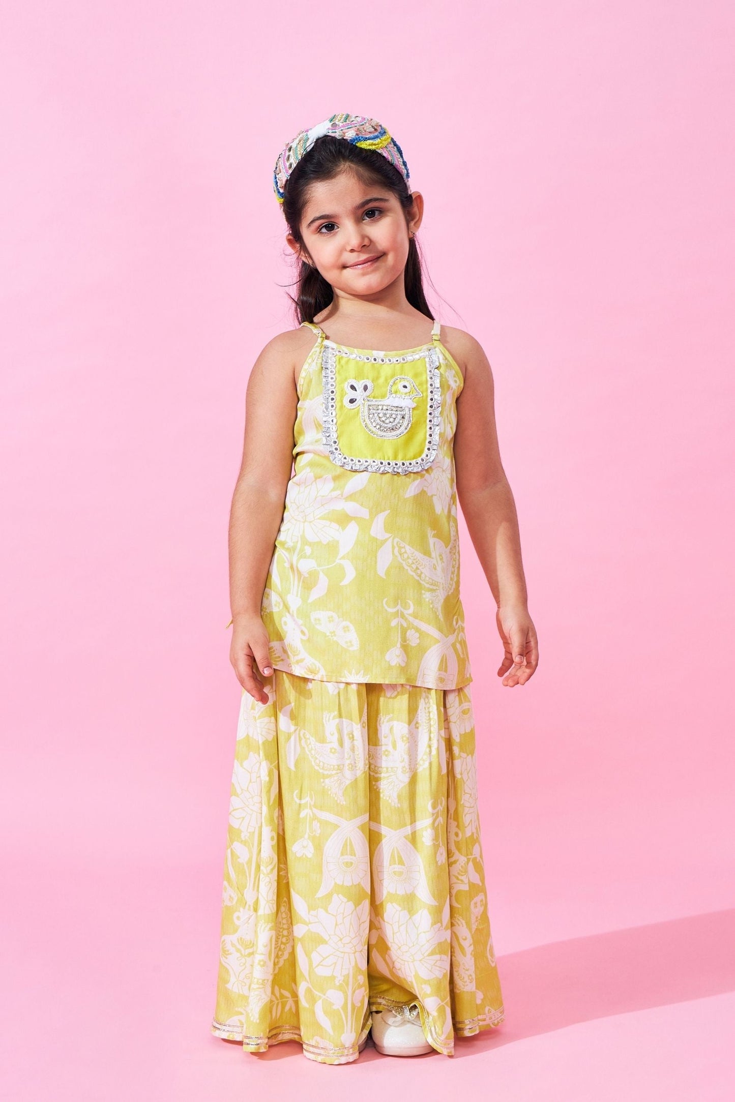 Poppy Yellow Girls Embellished Long Top and Flared trousers with dupatta ( Set of 3 pcs)