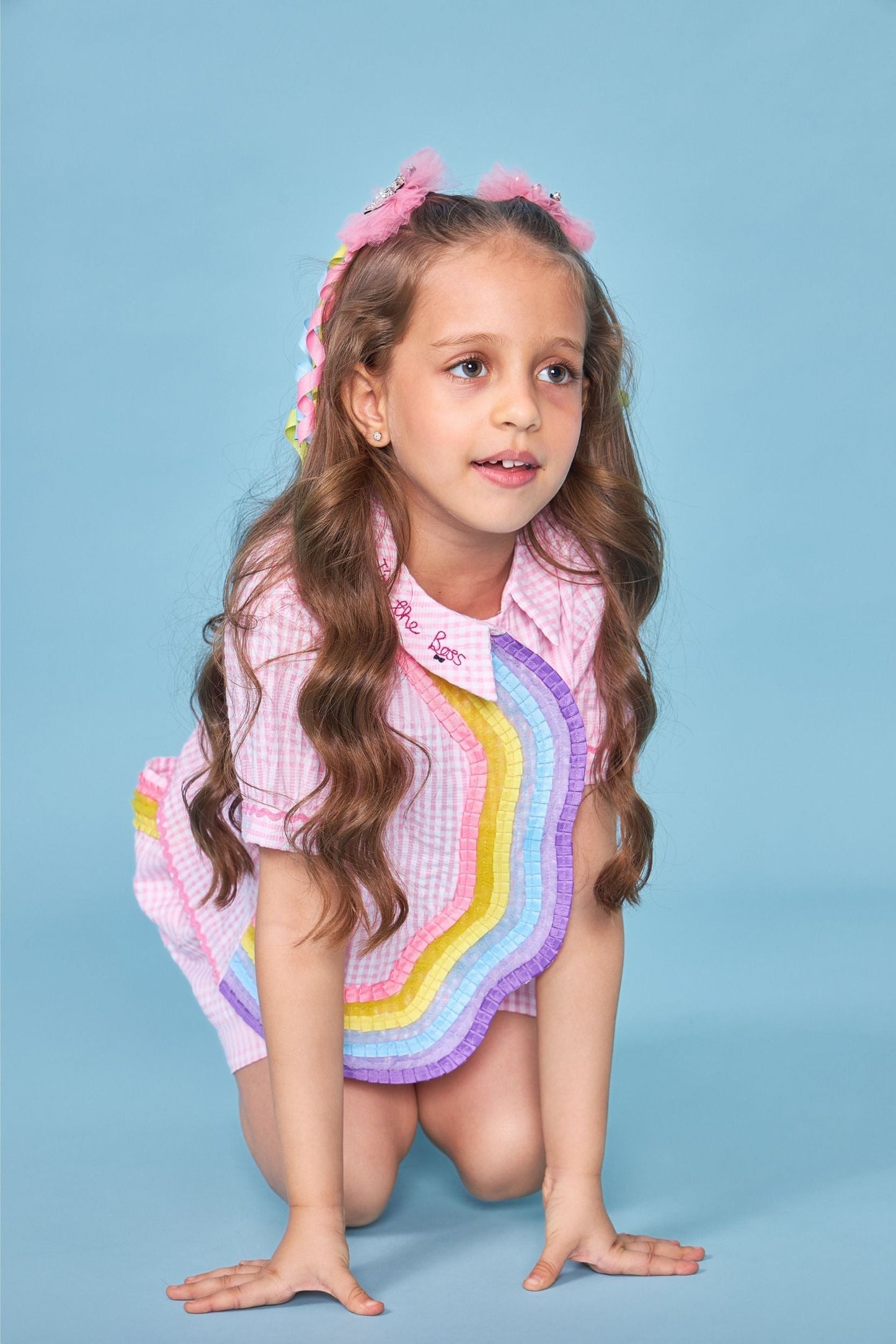 Pink Rainbow Kids Embroidered Coord Set