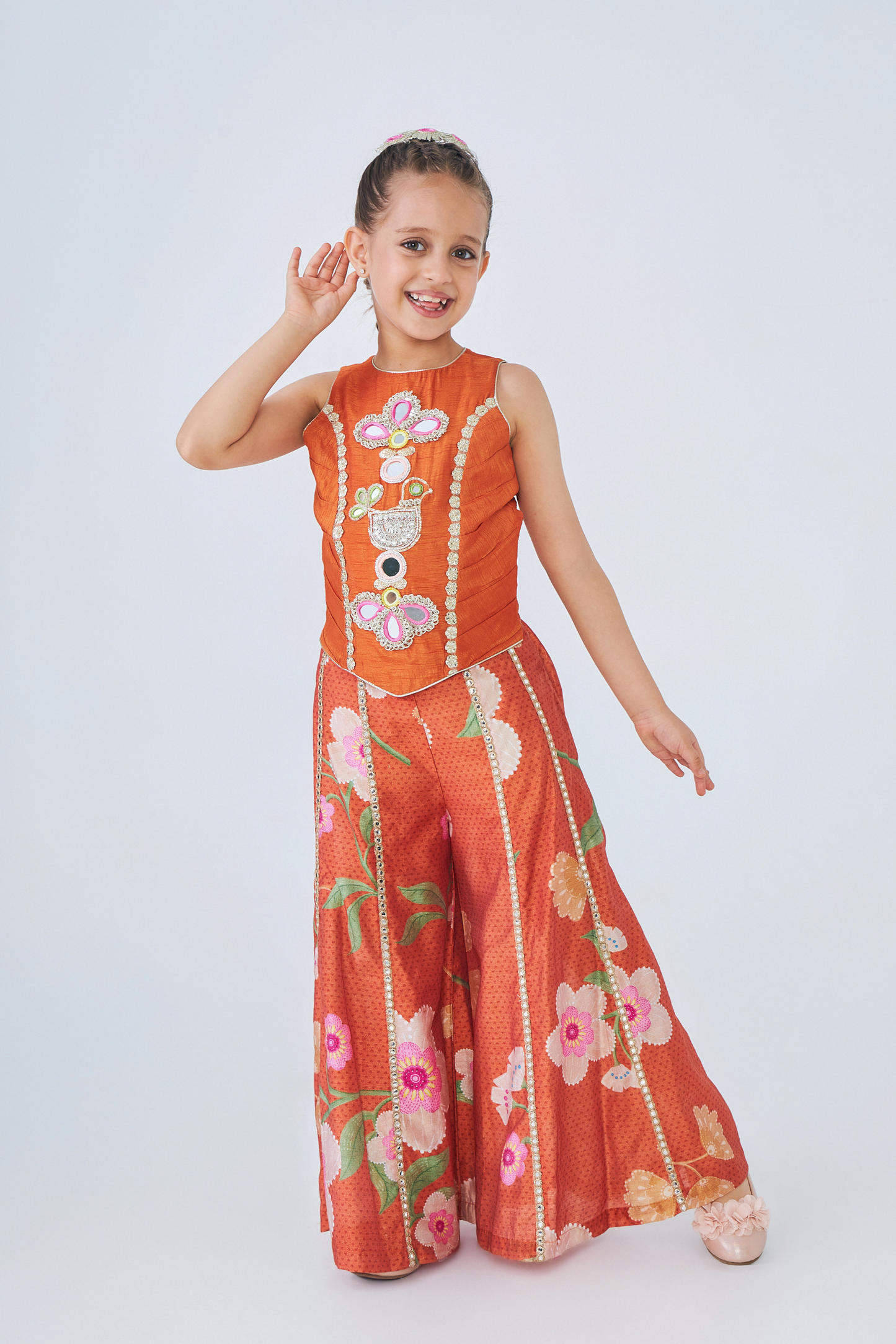 Riva Long Embroidered Girls Top & Flared Pant Set (Set of 3 Pcs)
