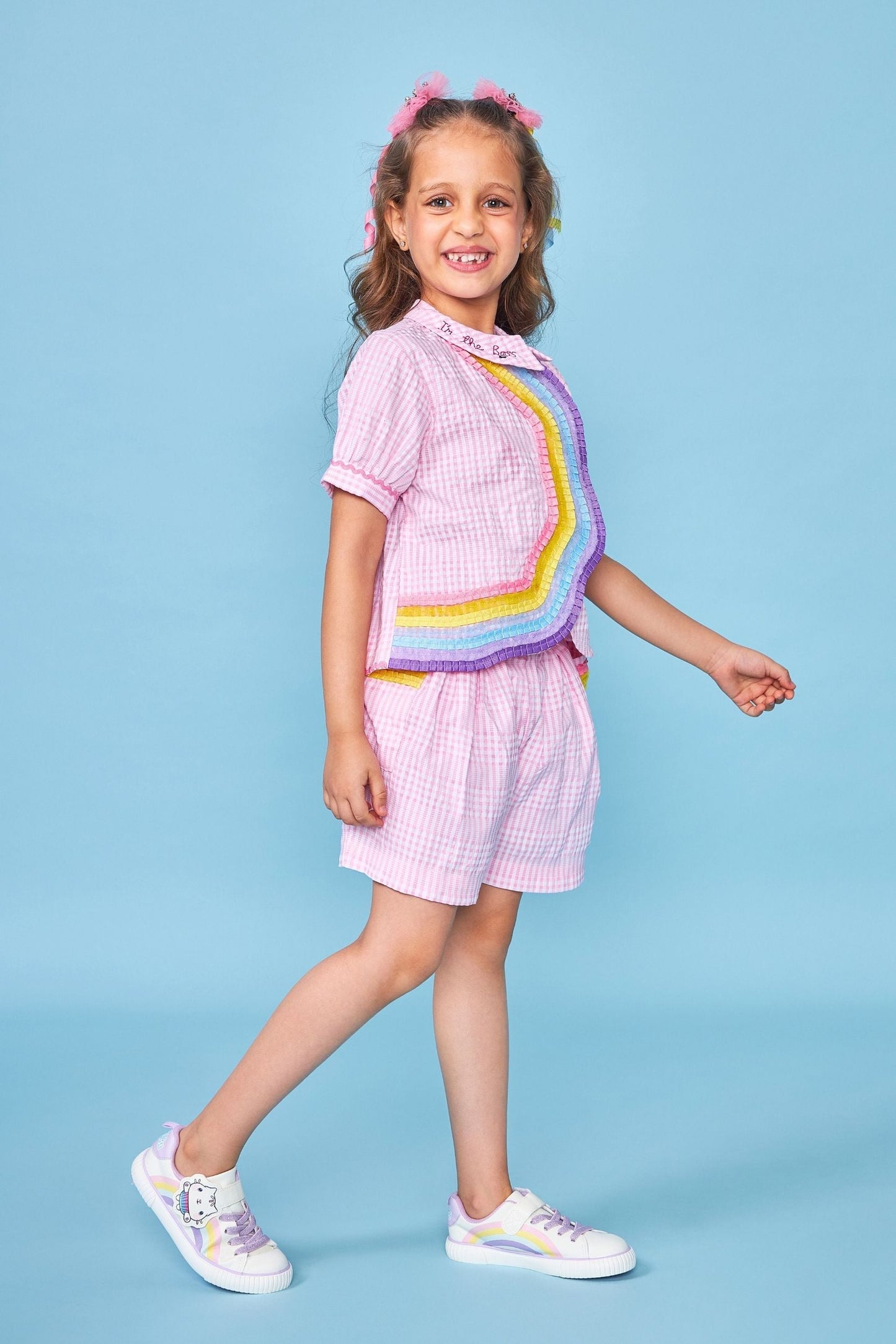 Pink Rainbow Kids Embroidered Coord Set