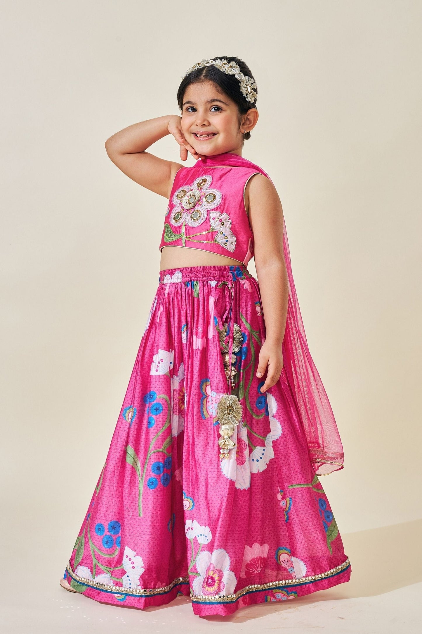 Rumi Plum Girls Embellished Crop Top Skirt Set Of 3